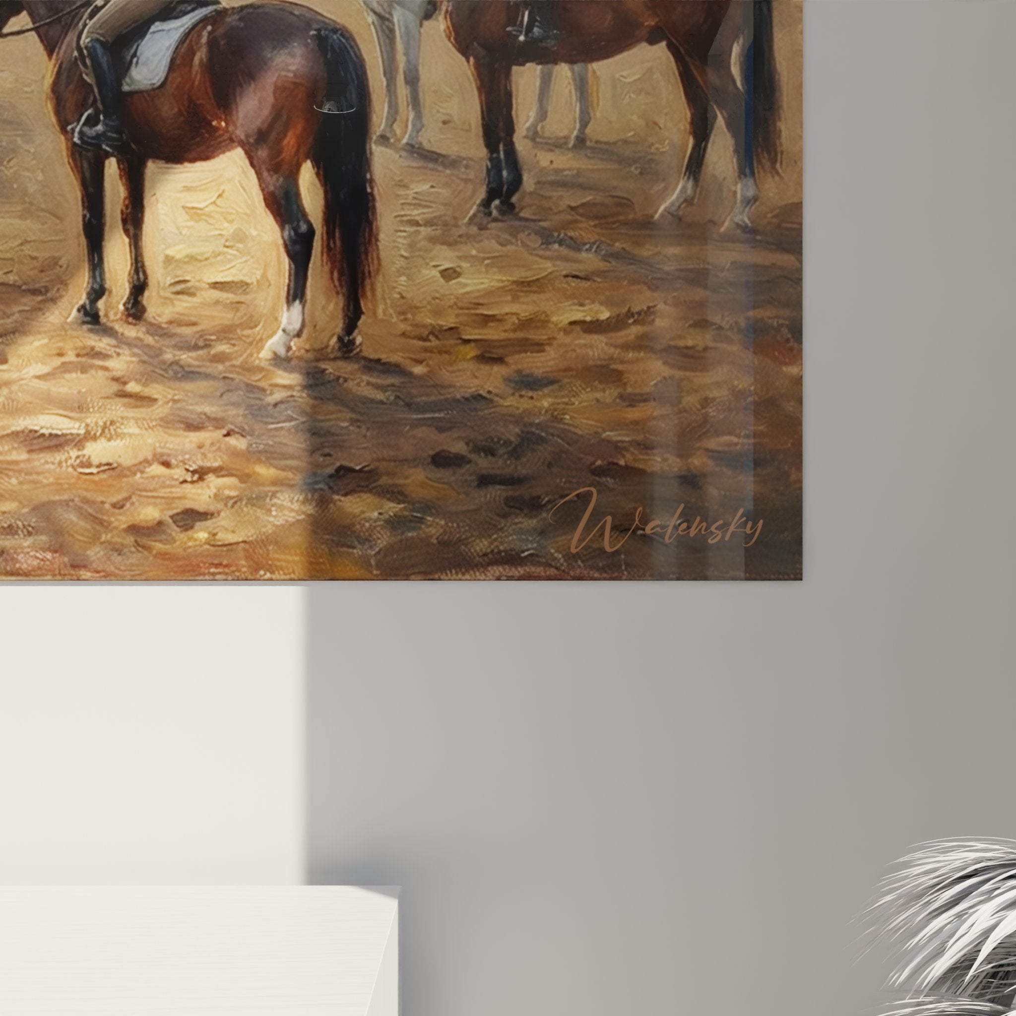 Gesamtansicht des Reitunterricht-Kunstwerks in warmen Erdtönen für stilvolle Wandgestaltung