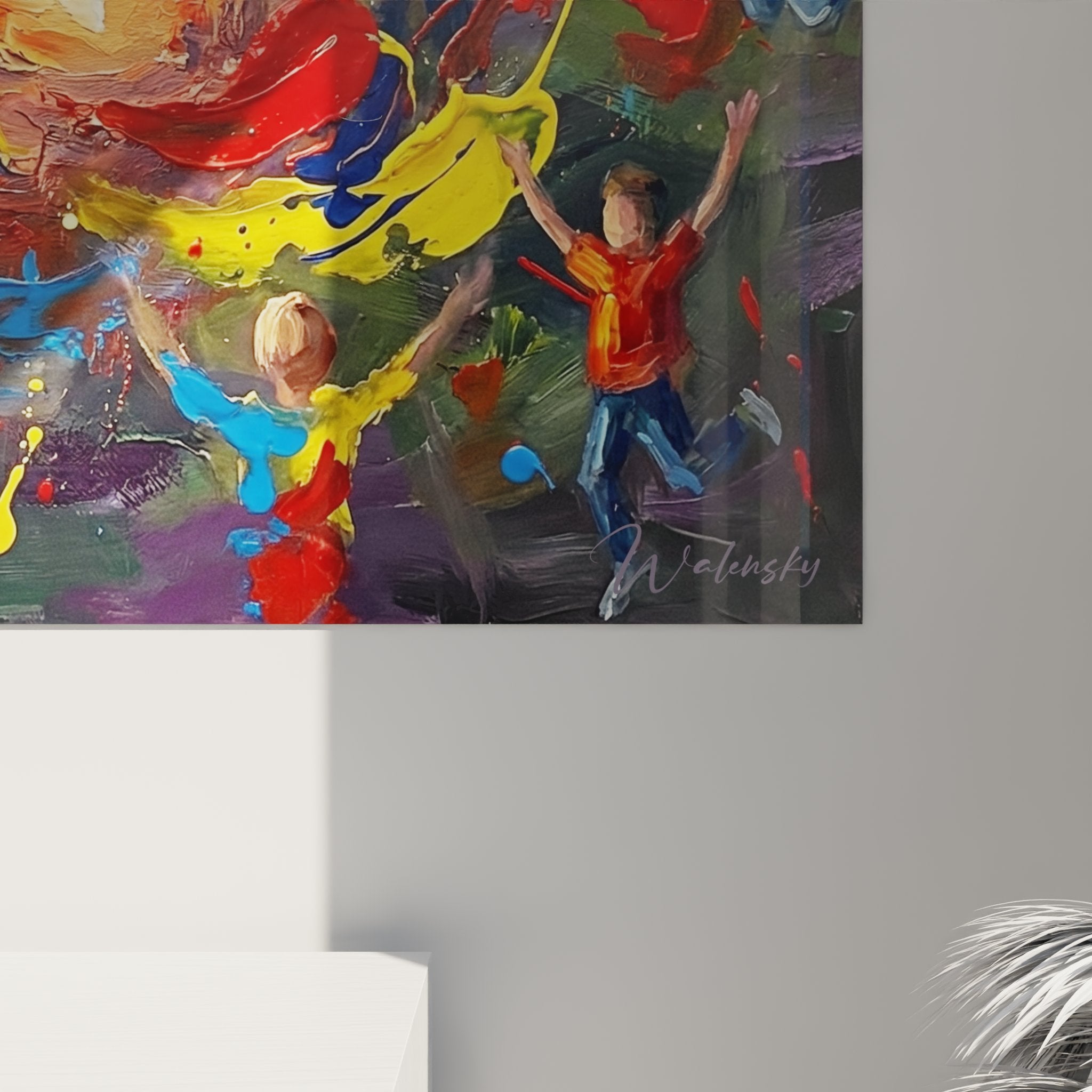 Gesamtansicht des dynamischen Bowling Wandbildes mit explosiver Farbkomposition und Sportmotiv