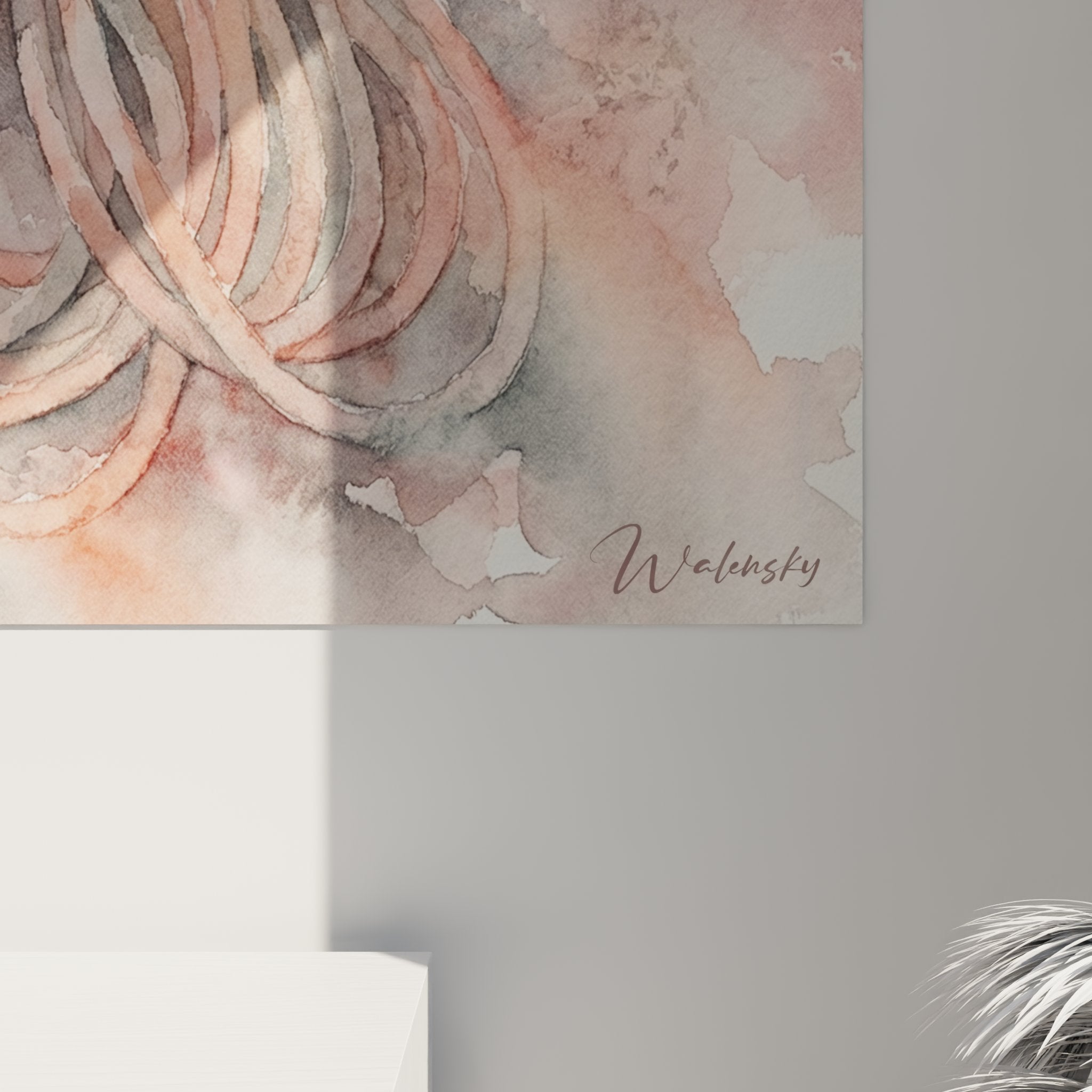 Gesamtansicht des poetischen Kletterseil Wandbilds in sanften Rosa- und Orangetönen