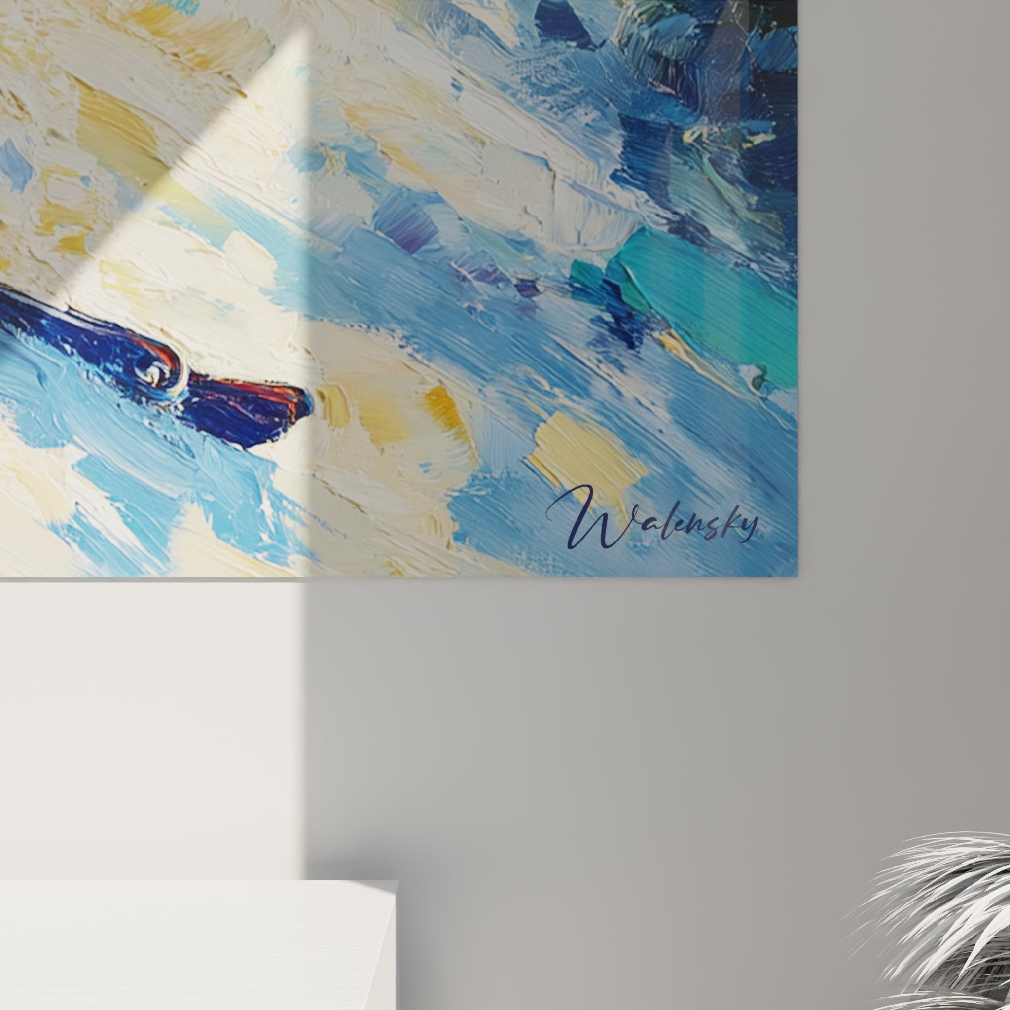 Gesamtansicht des Skifahrer Pulverschnee Wandbildes mit impressionistischer Maltechnik und Bewegungsdarstellung