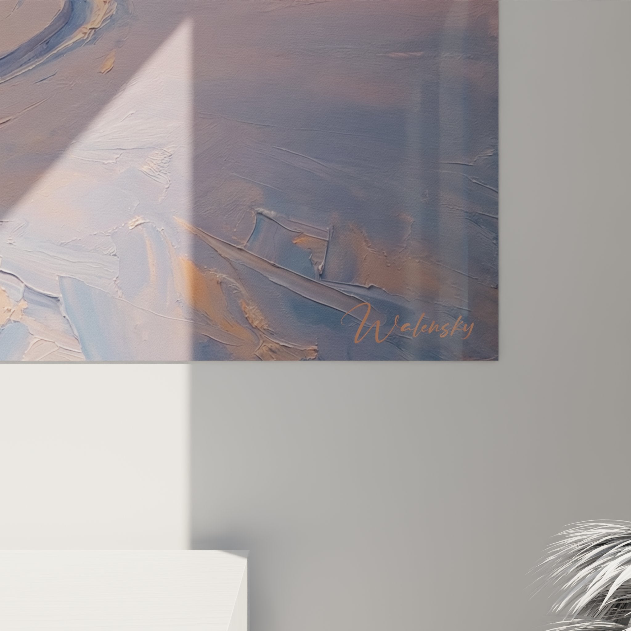 Gesamtansicht des Winterlandschaft Wandbildes mit Skipiste und Bergpanorama im Abendlicht