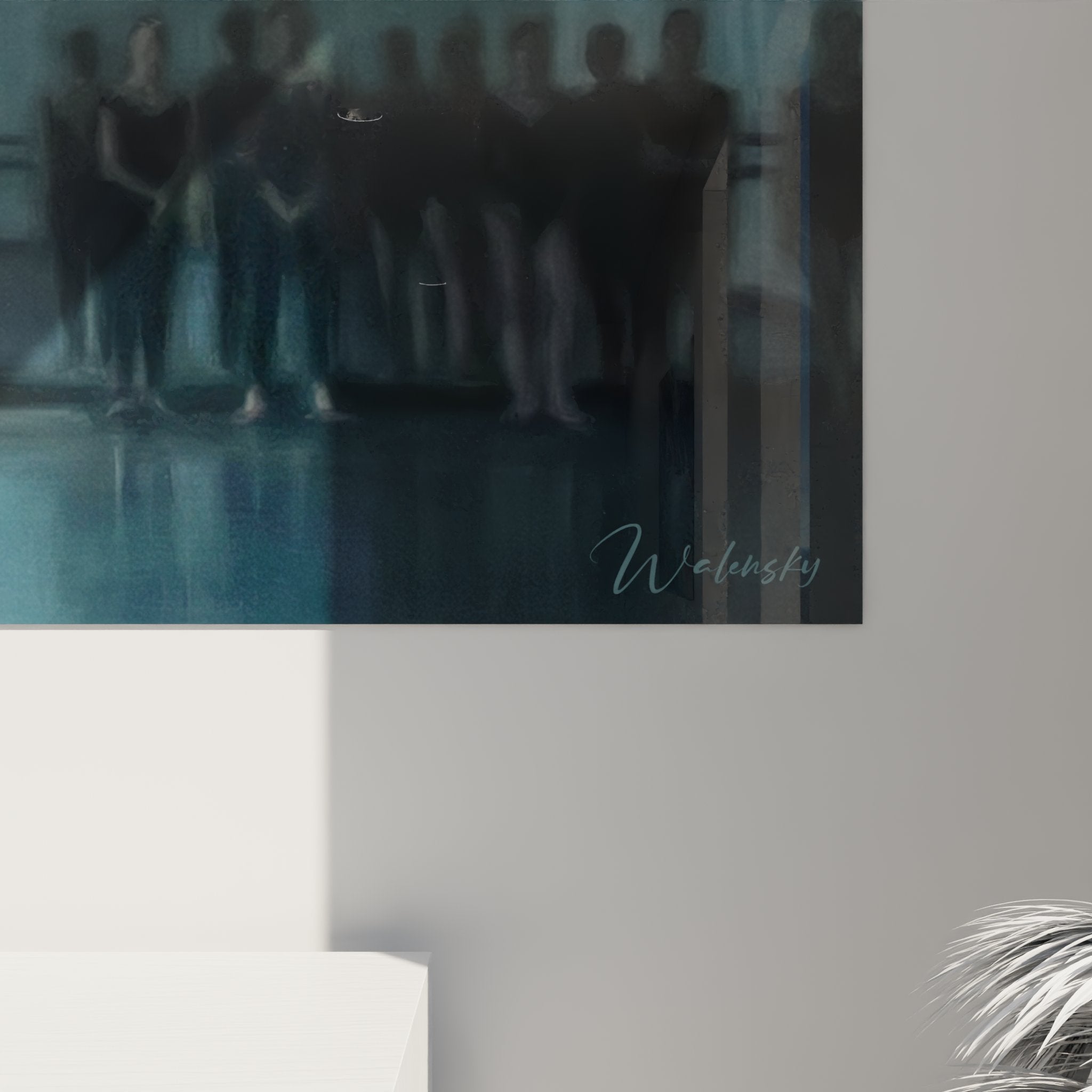 Gesamtansicht Balletttänzerin Wandbild, lichtdurchfluteter Tanzsaal in beruhigenden Blautönen