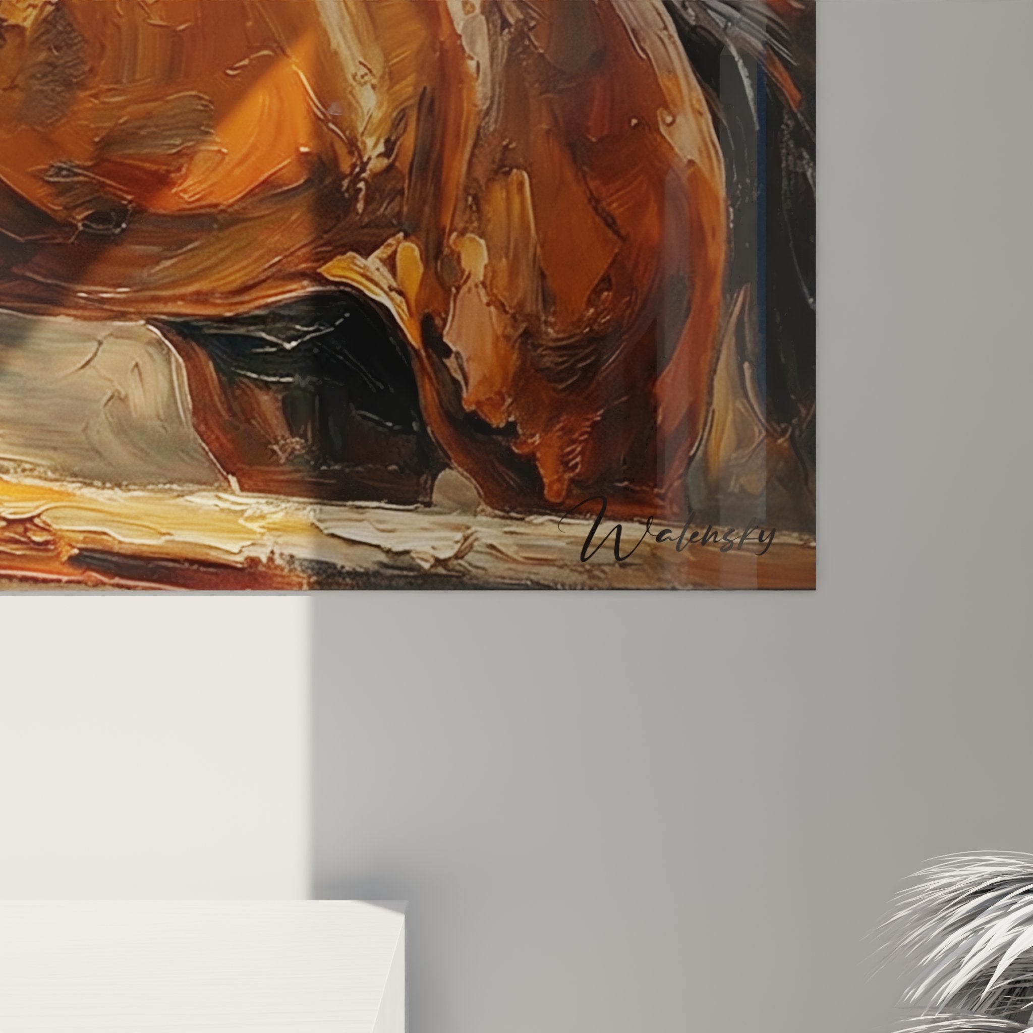 Gesamtansicht des Pferdebildes mit kraftvoller Darstellung und erdiger Farbpalette