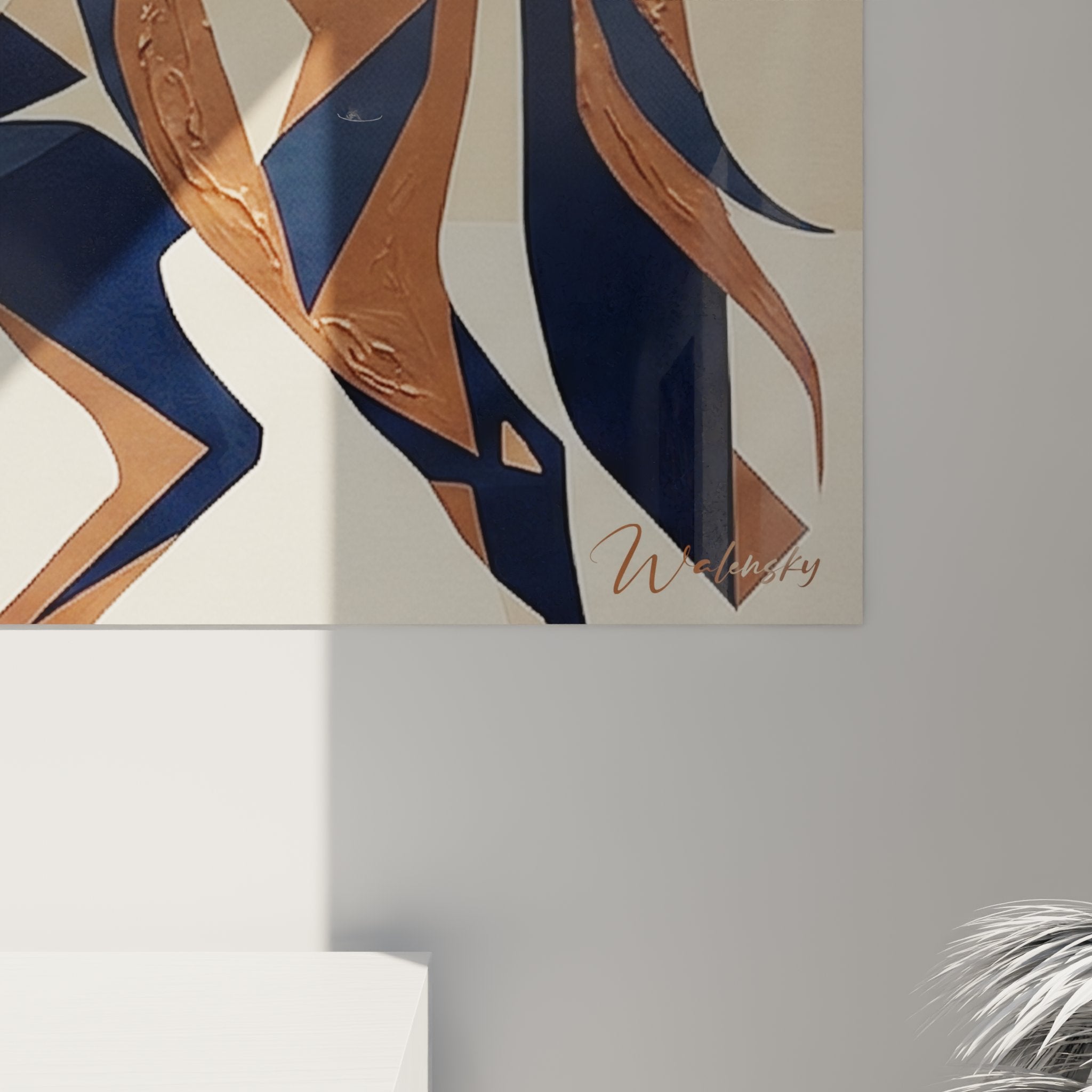 Gesamtansicht des modernen Dressurpferd Kunstwerks mit geometrischen Formen und eleganter Farbkomposition