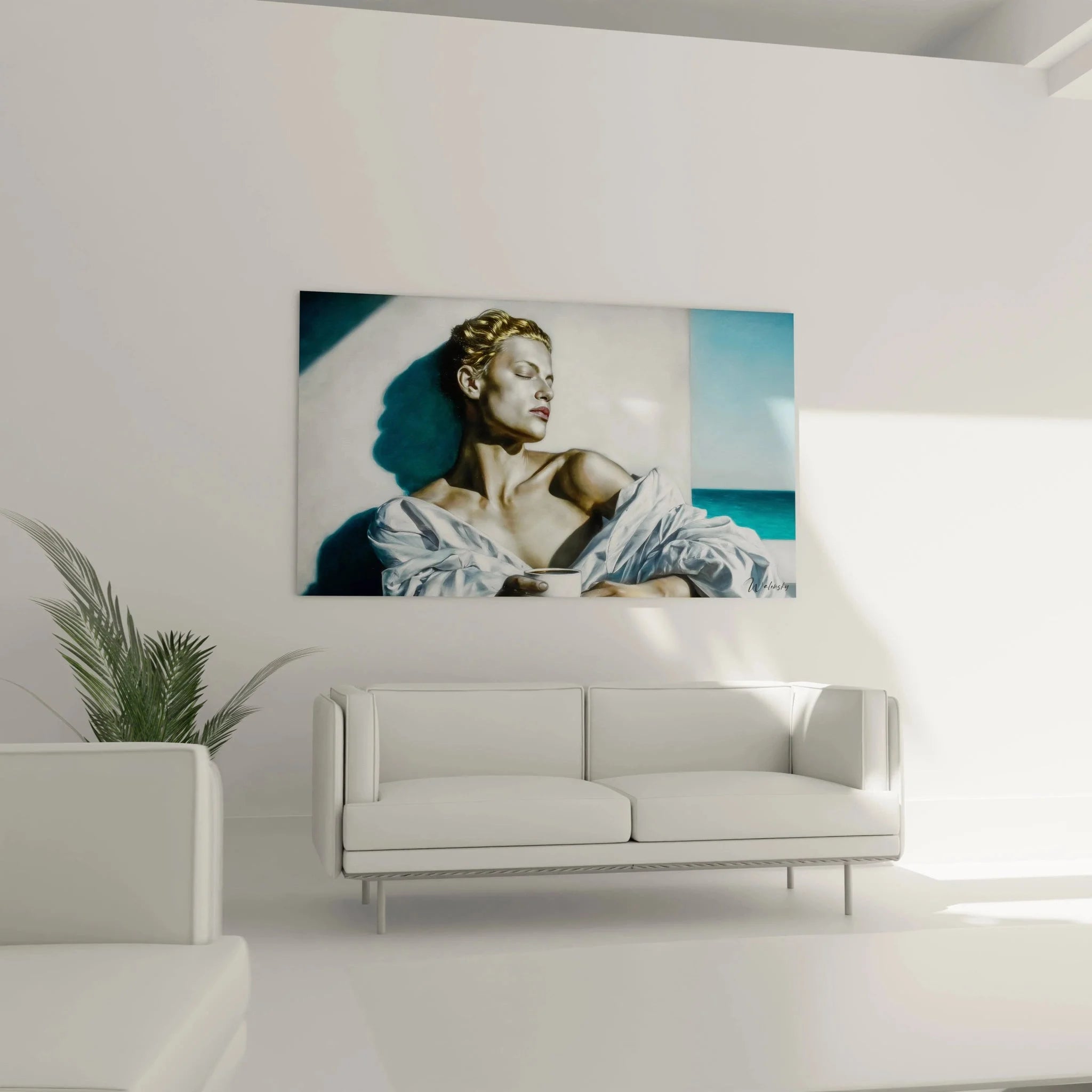 Detailansicht hyperrealistisches Wandbild Frau mit geschlossenen Augen und Kaffeetasse Premium Qualität