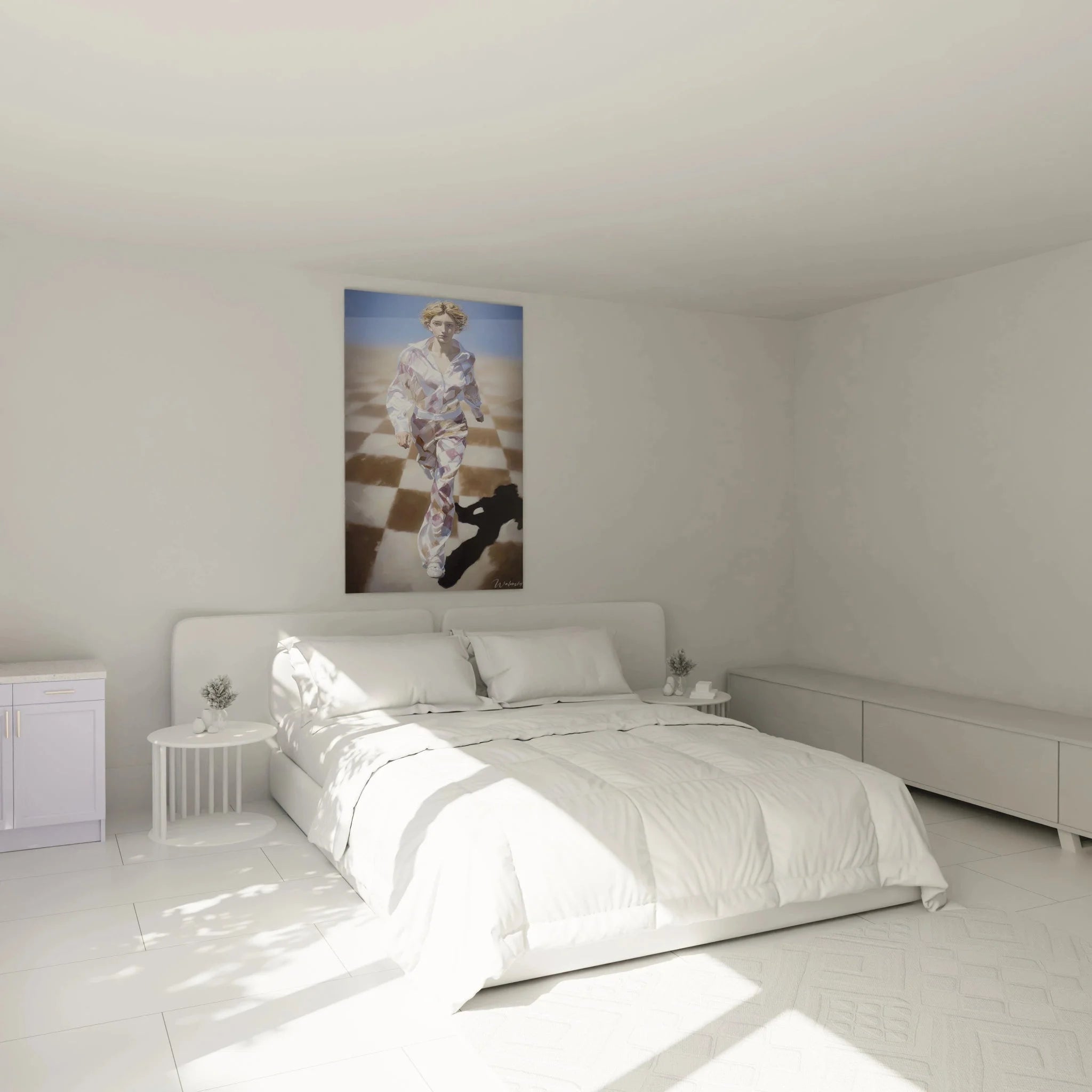 Wandbild Frau weißer Anzug in modernem Schlafzimmer, hyperrealistische Wanddekoration Raumambiente