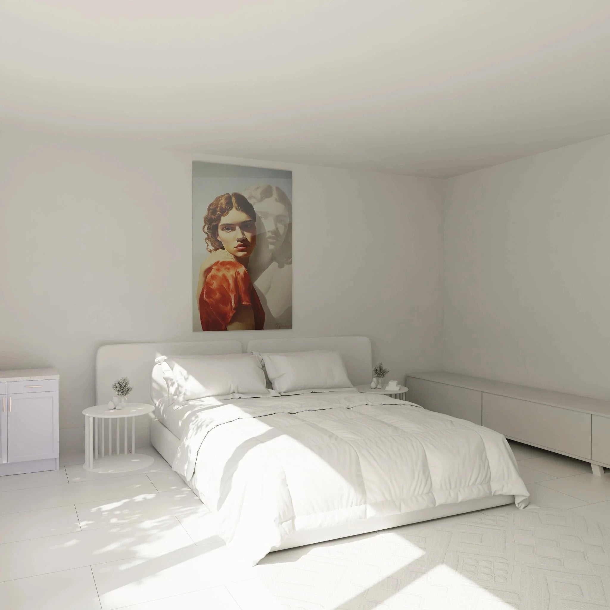 Wandbild hyperrealistische Frau Statue in elegantem Schlafzimmer, moderne Wandkunst Premium Qualität