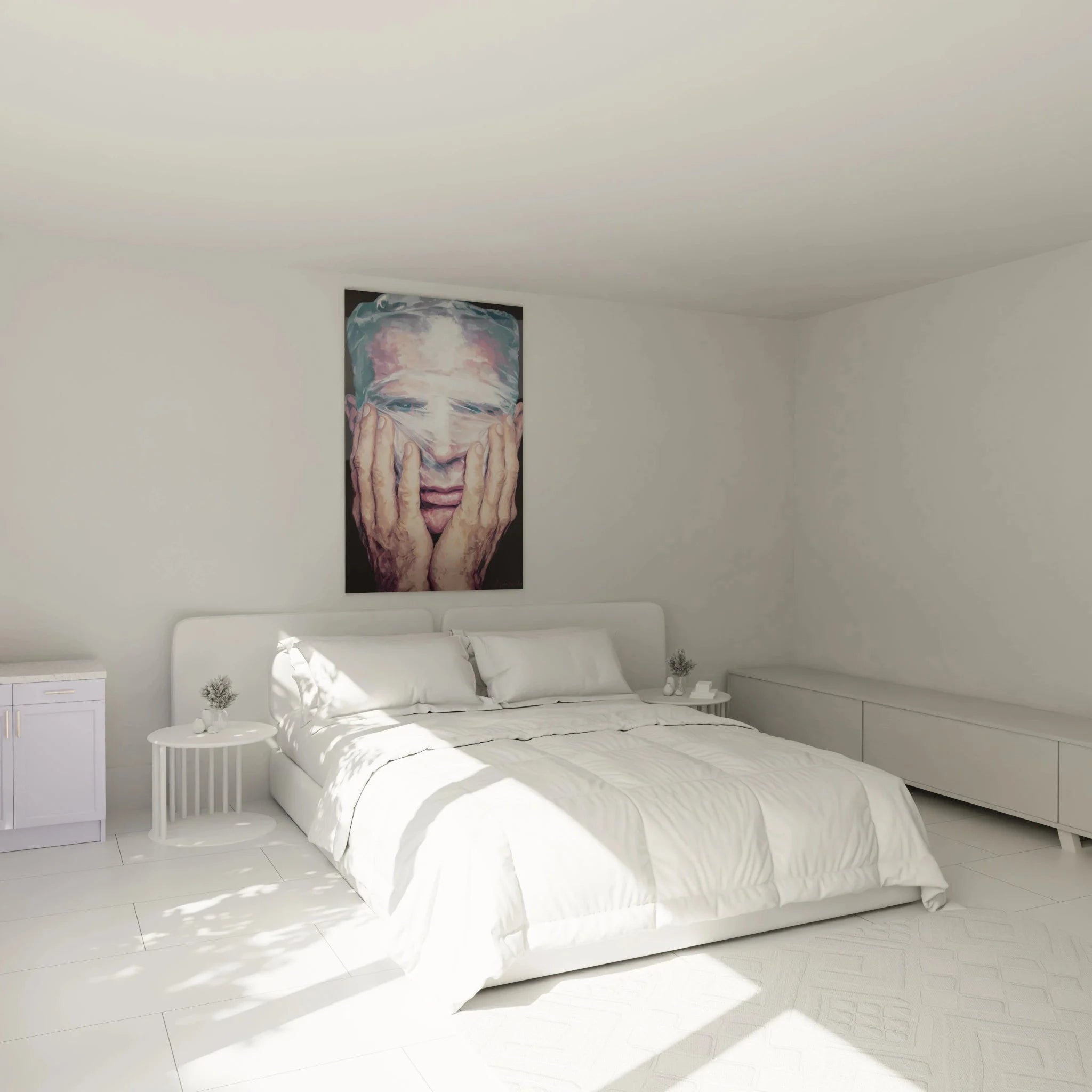 Emotionales Hyperrealismus Wandbild in modernem Schlafzimmer als Wanddekoration