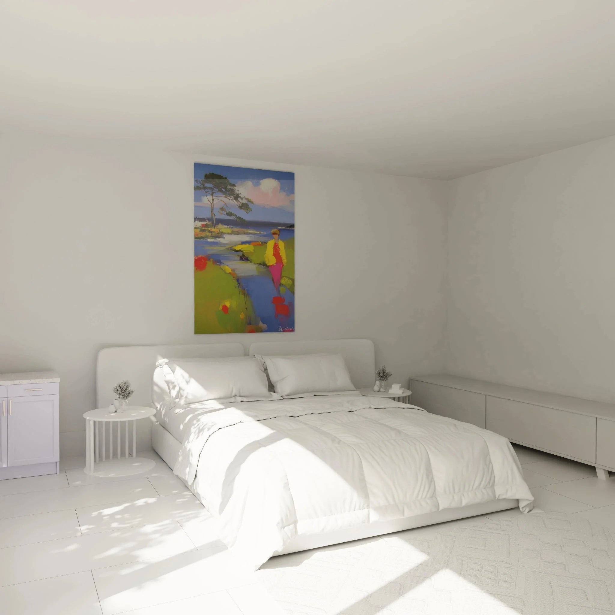 Impressionistisches Wandbild Frau am Fluss in modernem Schlafzimmer - Stilvolle Wanddekoration Landschaft