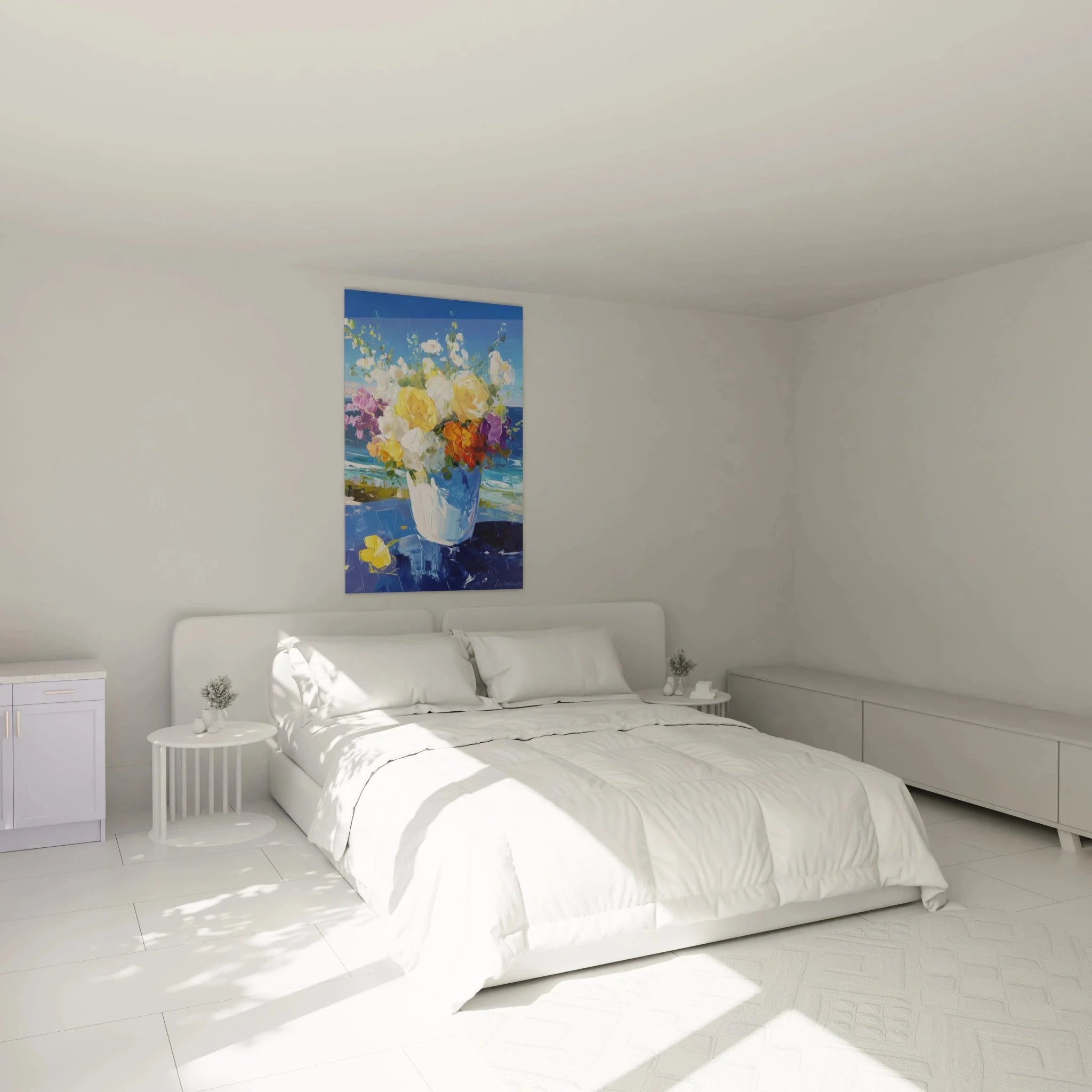 Impressionistisches Blumenstrauß Wandbild in modernem Schlafzimmer als stilvolle Wanddekoration