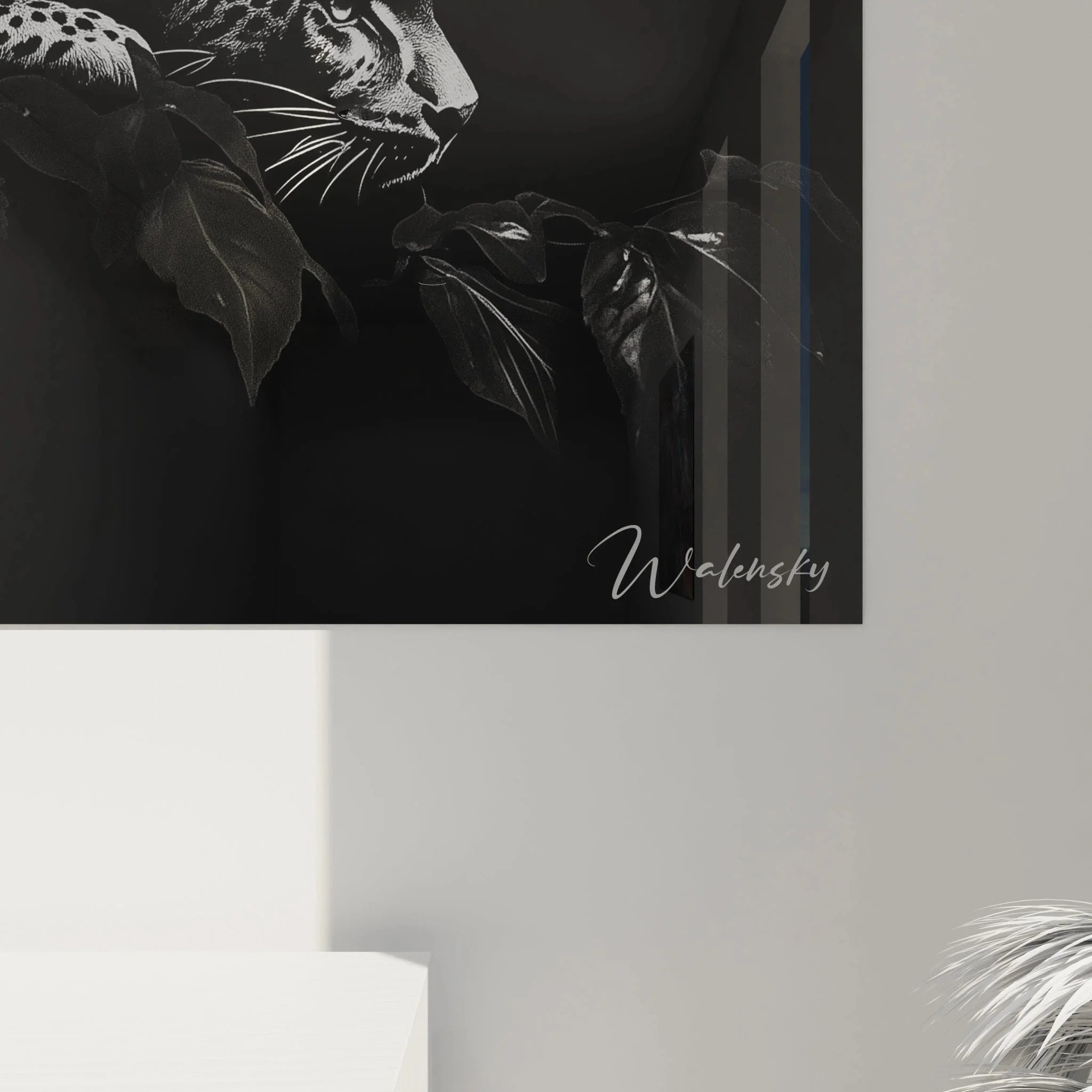 Jaguar Leinwandbild Gesamtansicht - Schwarzweiß Tierfotografie Wandbild in modernem Wohnambiente präsentiert