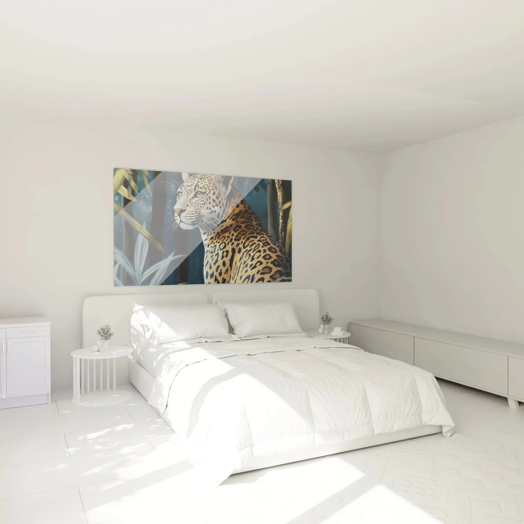 Jaguar Wandbild XXL als stilvolle Wanddekoration im modernen Schlafzimmer mit natürlicher Atmosphäre