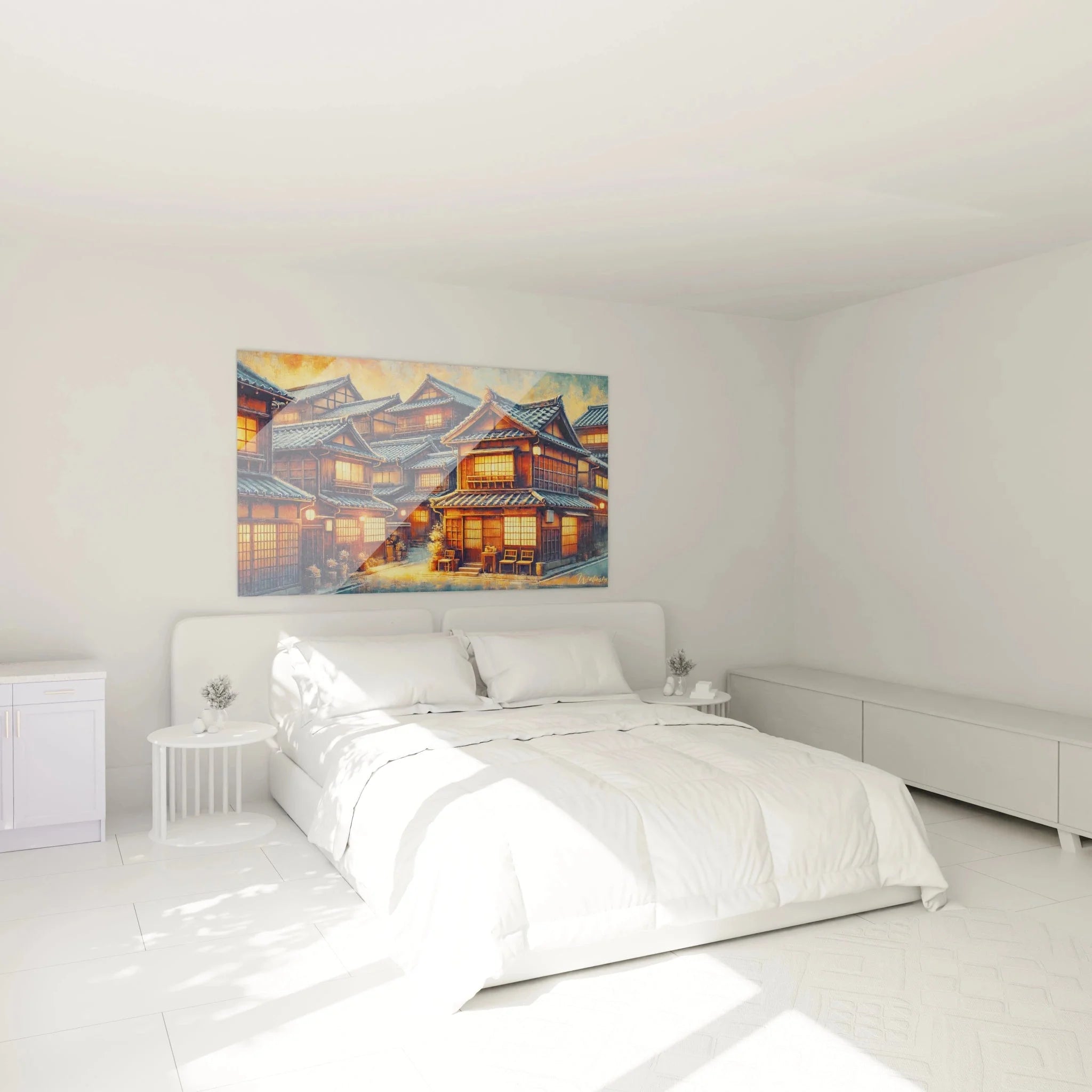 Japan Wandbild mit traditionellen Häusern als stilvolle Schlafzimmer Dekoration im asiatischen Stil