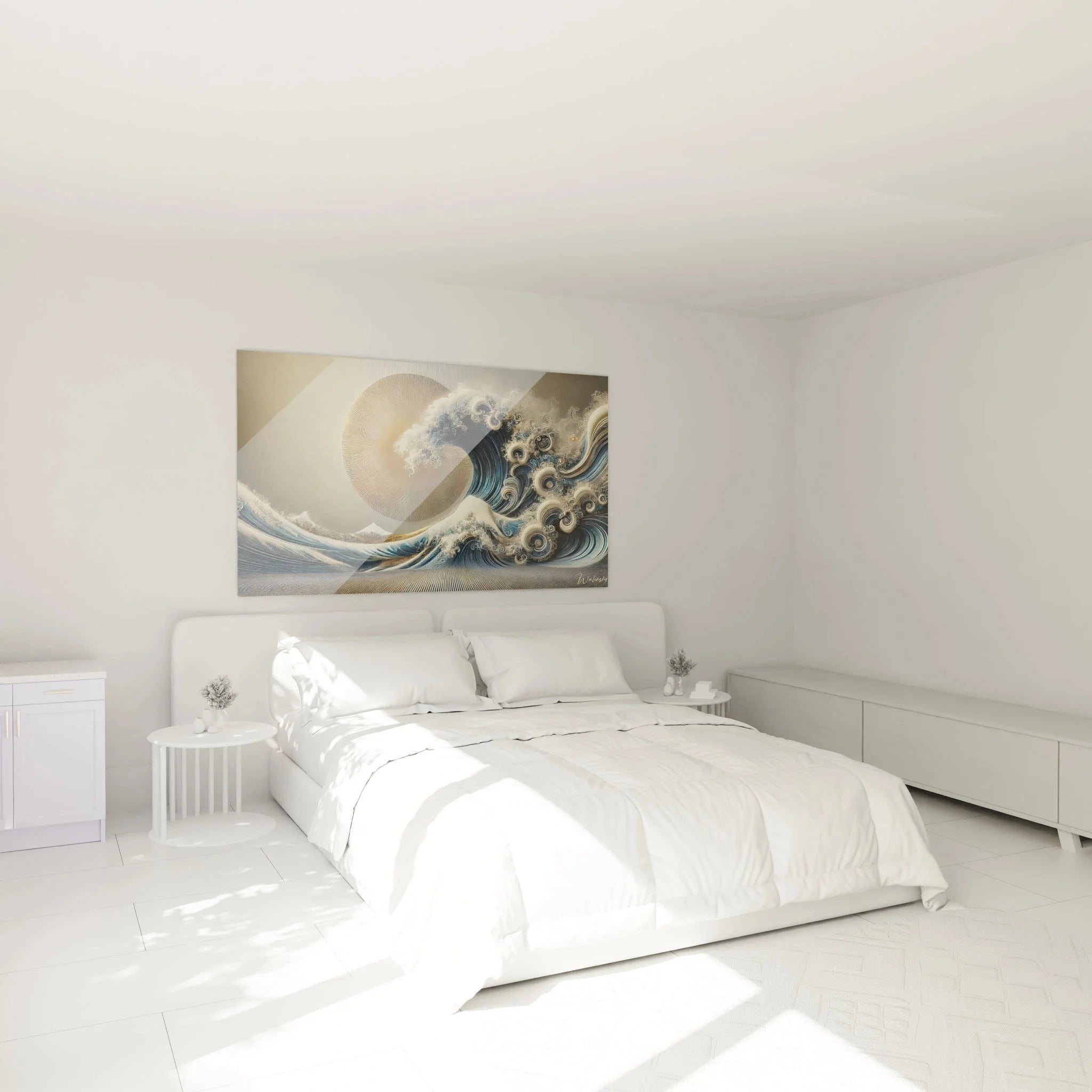 Japan Wandbild große Welle in elegantem Schlafzimmer - asiatische Wanddekoration premium