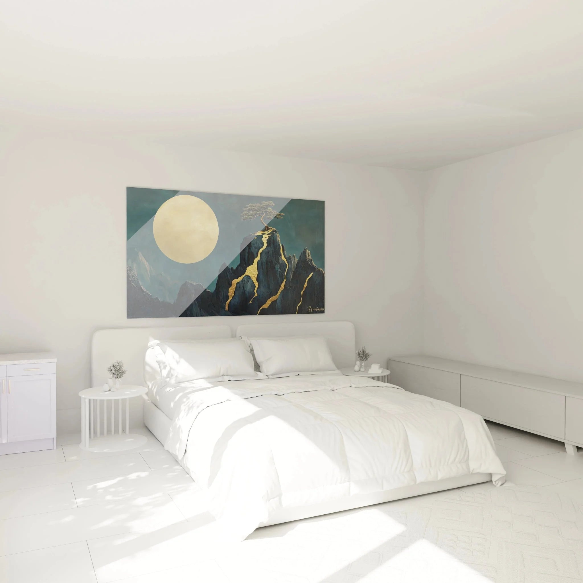 Japanisches Wandbild Berglandschaft im Schlafzimmer, Bonsai und Vollmond für meditative Atmosphäre