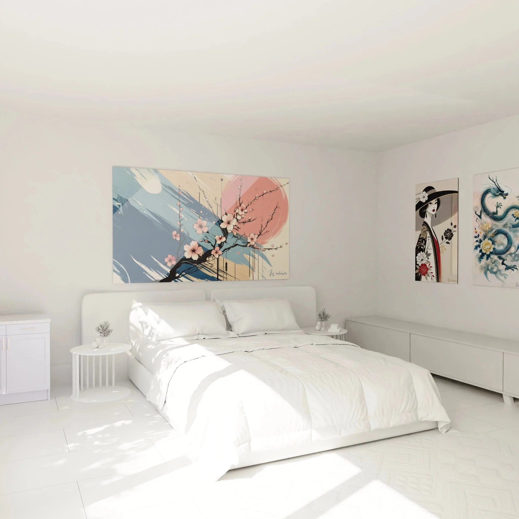 Japanisches Wandbild Kirschblüten in modernem Schlafzimmer - harmonische Wanddekoration