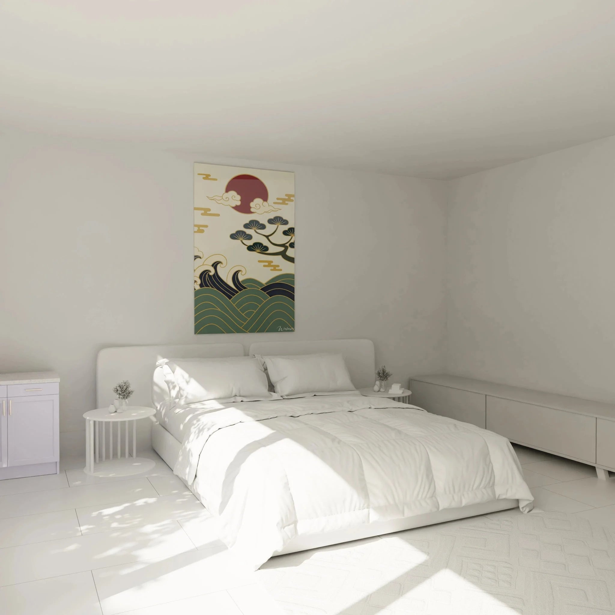 Japanisches Wandbild mit roter Sonne über Wellen als moderne Schlafzimmer Wanddekoration