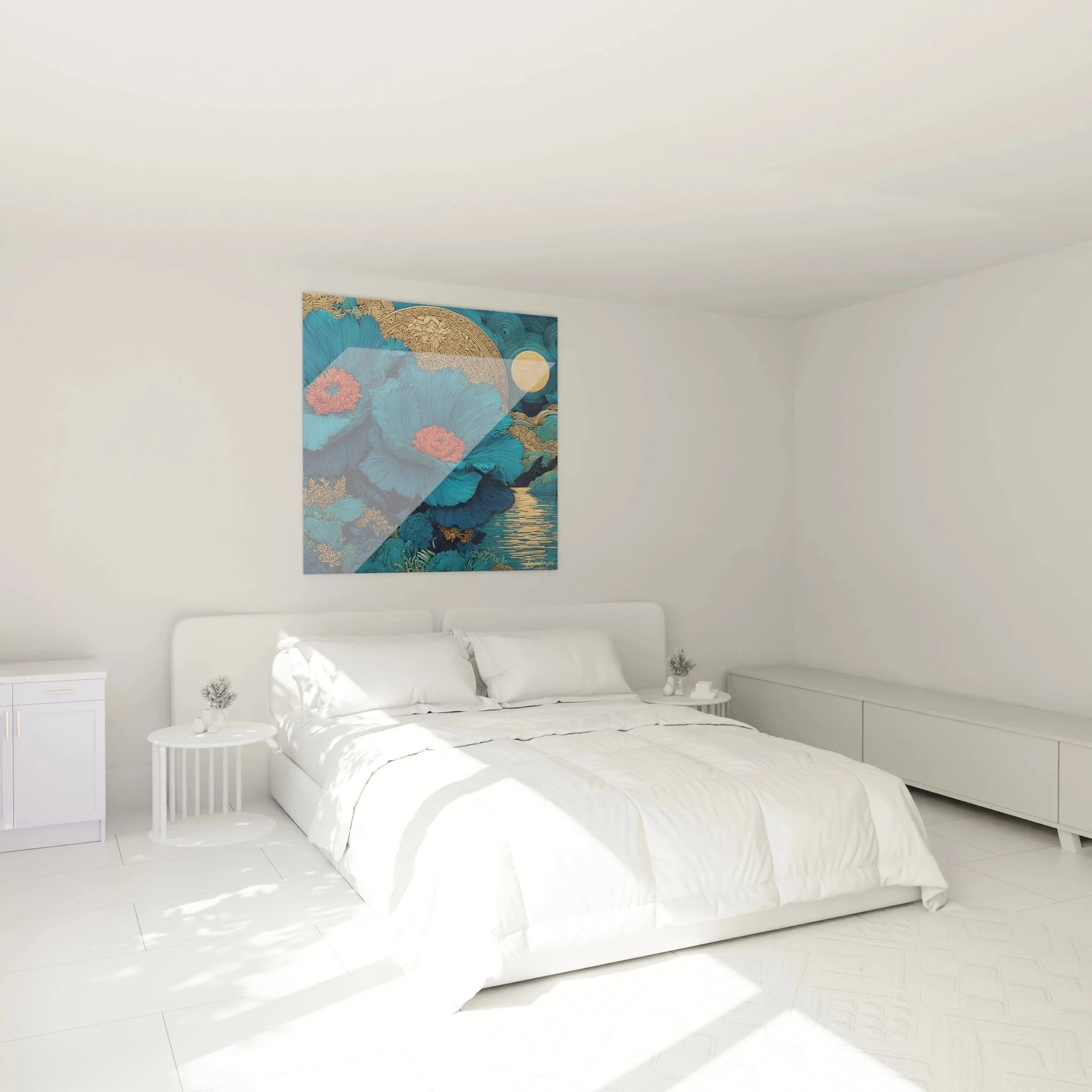 Jugendstil Wandbild blaue Mohnblumen in elegantem Schlafzimmer Ambiente mit warmem Licht