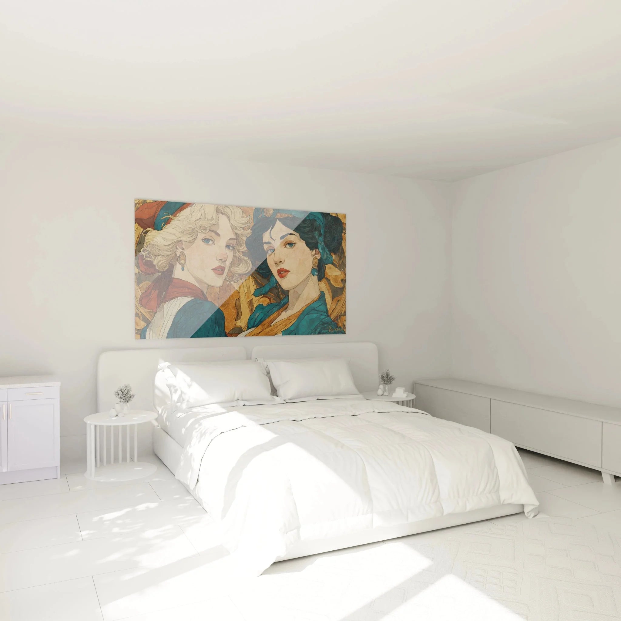 Jugendstil Wandbild zwei Frauen Belle Époque Stil in modernem Schlafzimmer Ambiente Raumgestaltung