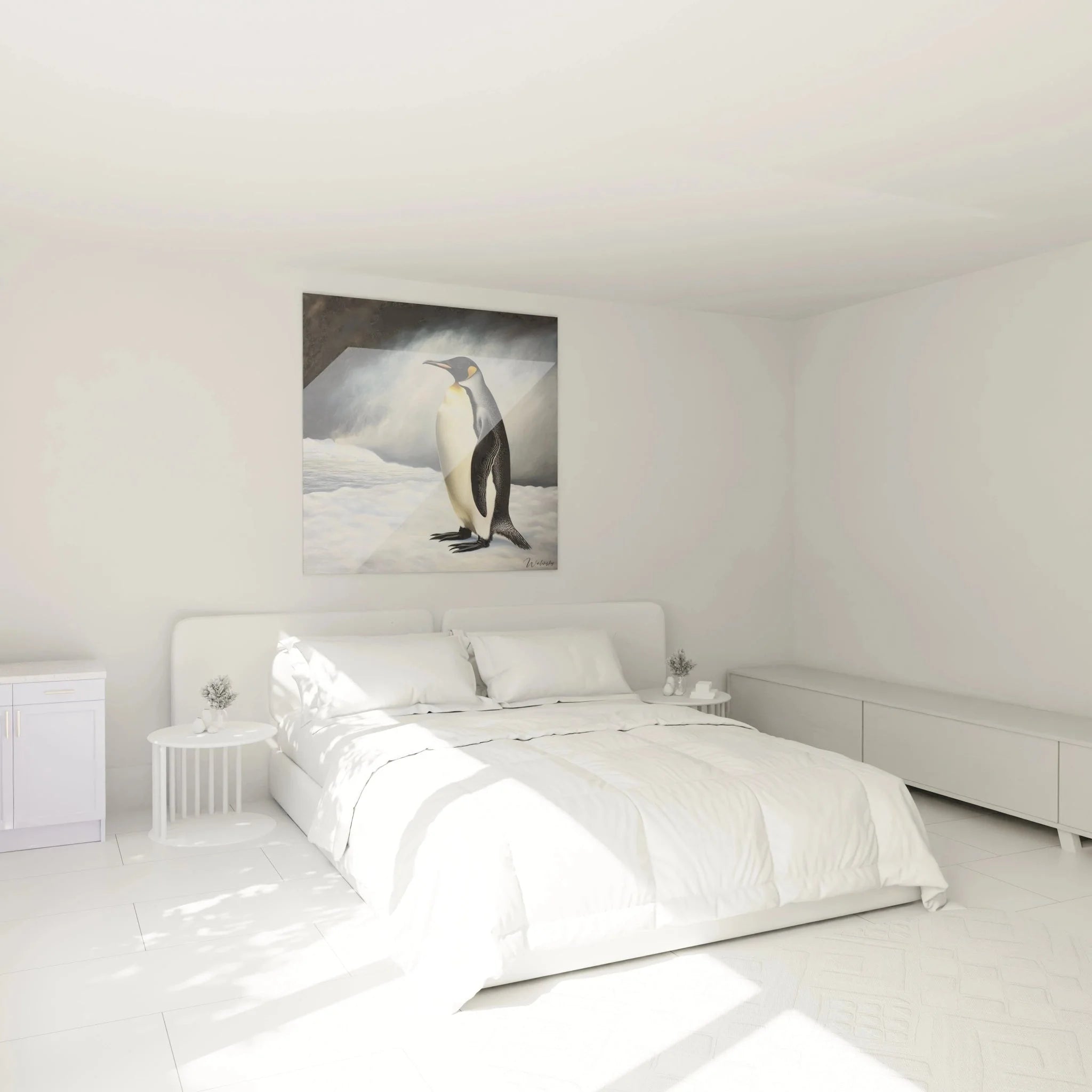Kaiserpinguin Wandbild XXL in modernem Schlafzimmer - Antarktis Wanddekoration Ambiente