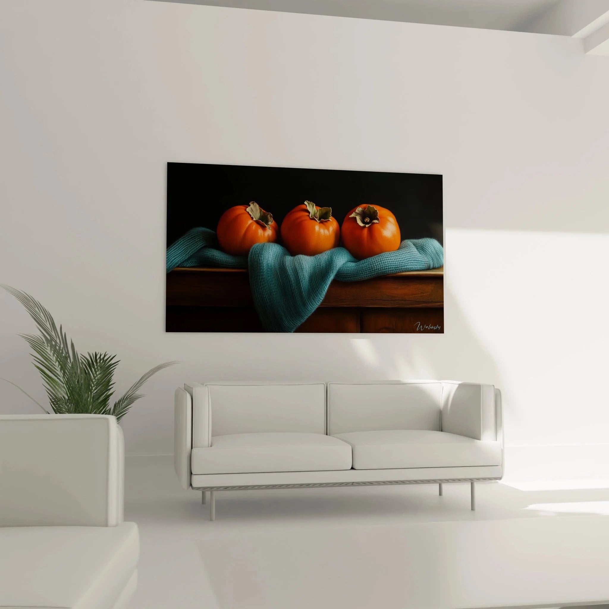 Detailaufnahme Kaki Frucht Wandbild, orange Früchte mit grünen Kelchblättern auf Holz