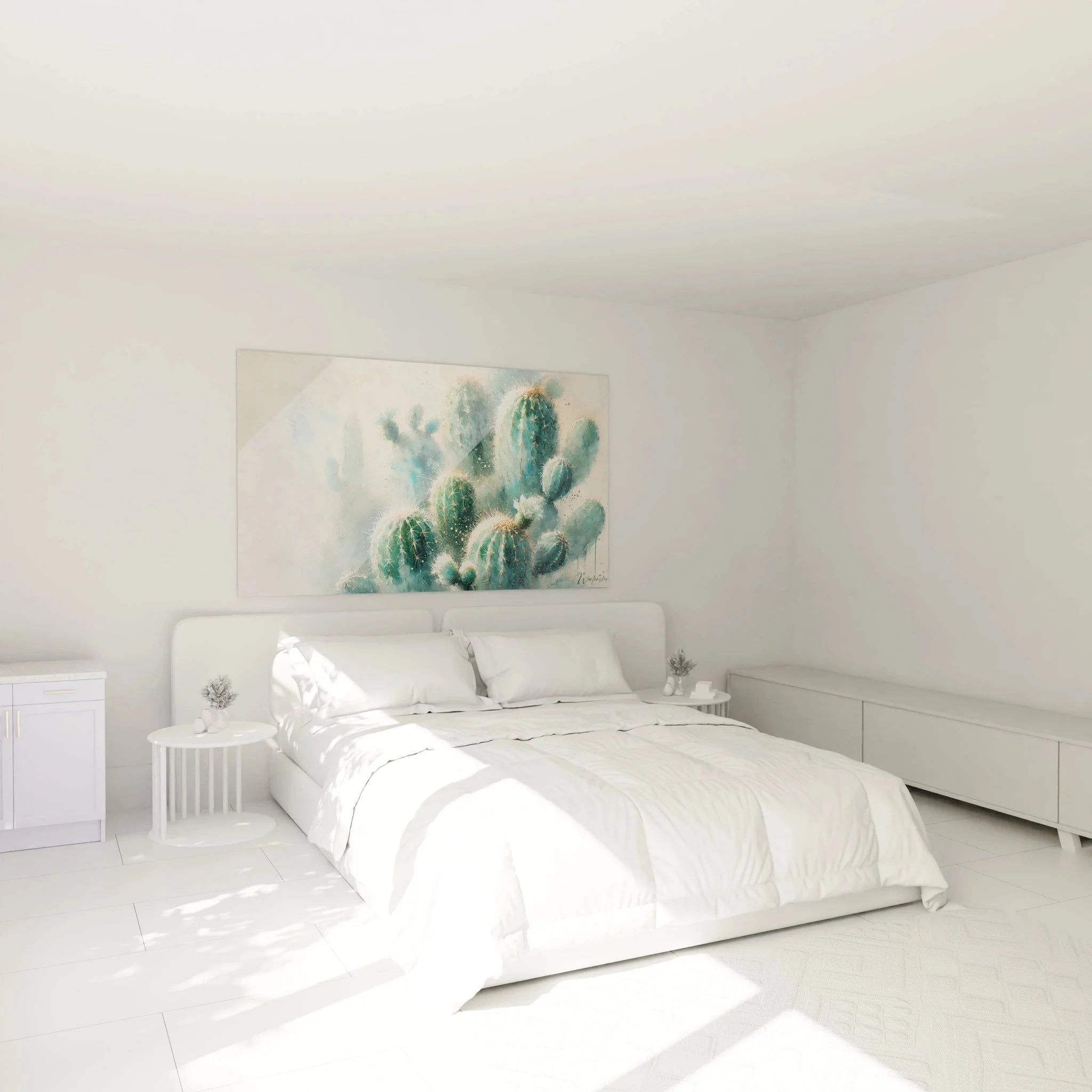 Kaktus Wandbild XXL im Schlafzimmer, moderne Wanddeko mit Aquarell Sukkulenten Design