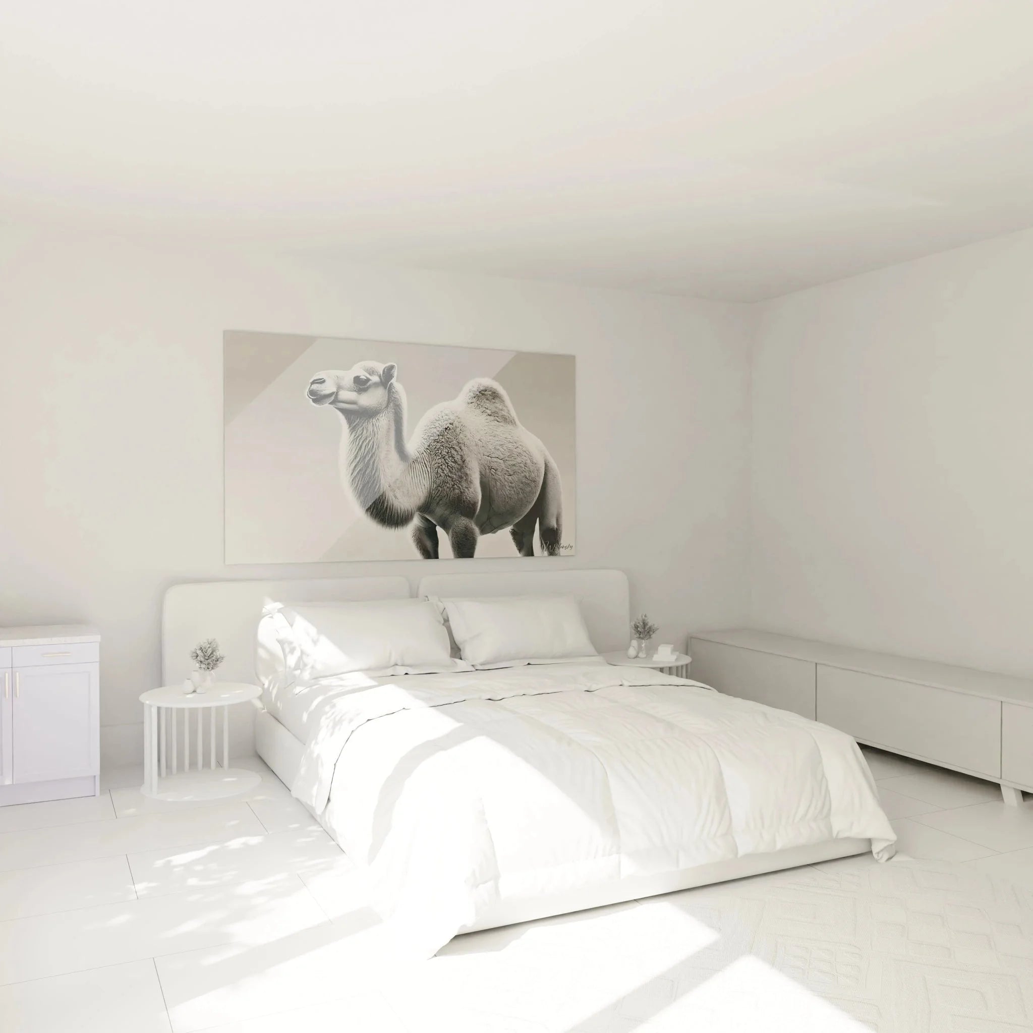 Kamel Wandbild XXL im Schlafzimmer - Elegante schwarz-weiß Dromedar Fotografie als Wandkunst
