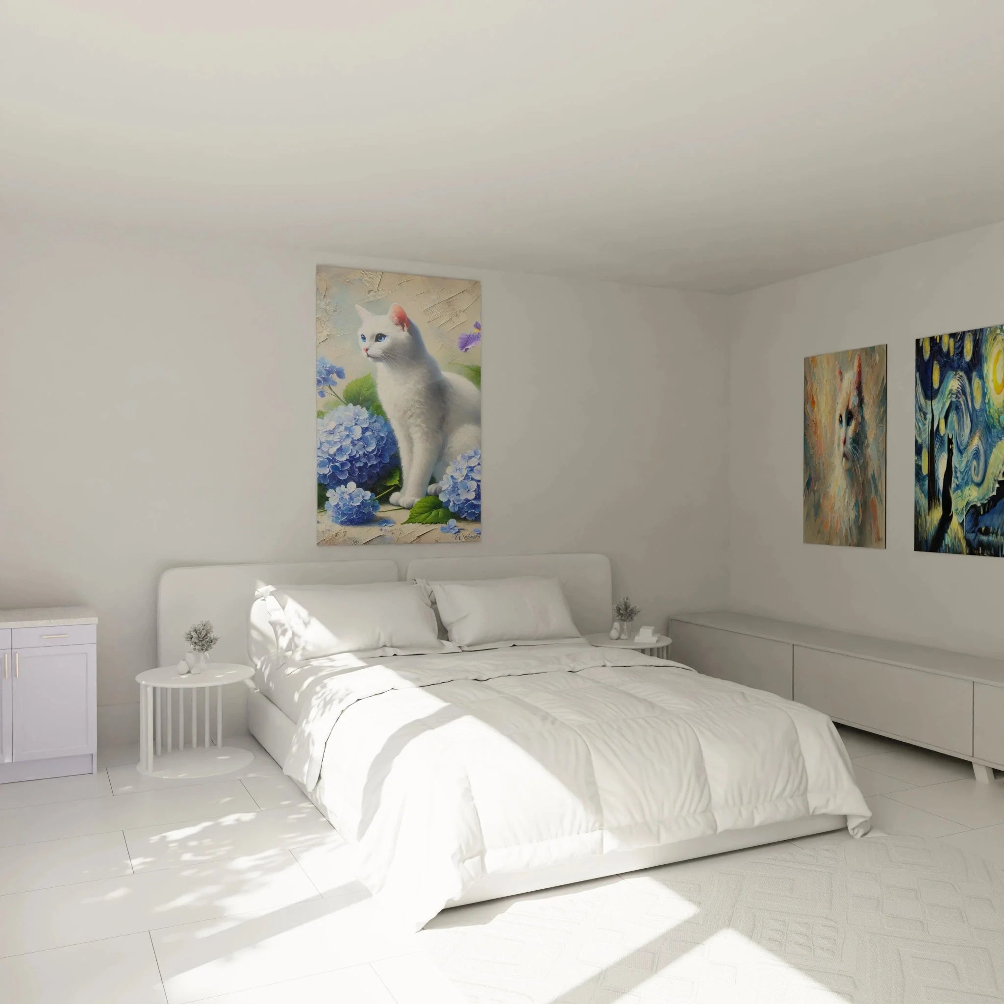 Weiße Katze Wandbild mit Hortensien in modernem Schlafzimmer - stilvolle Katzen Wanddekoration