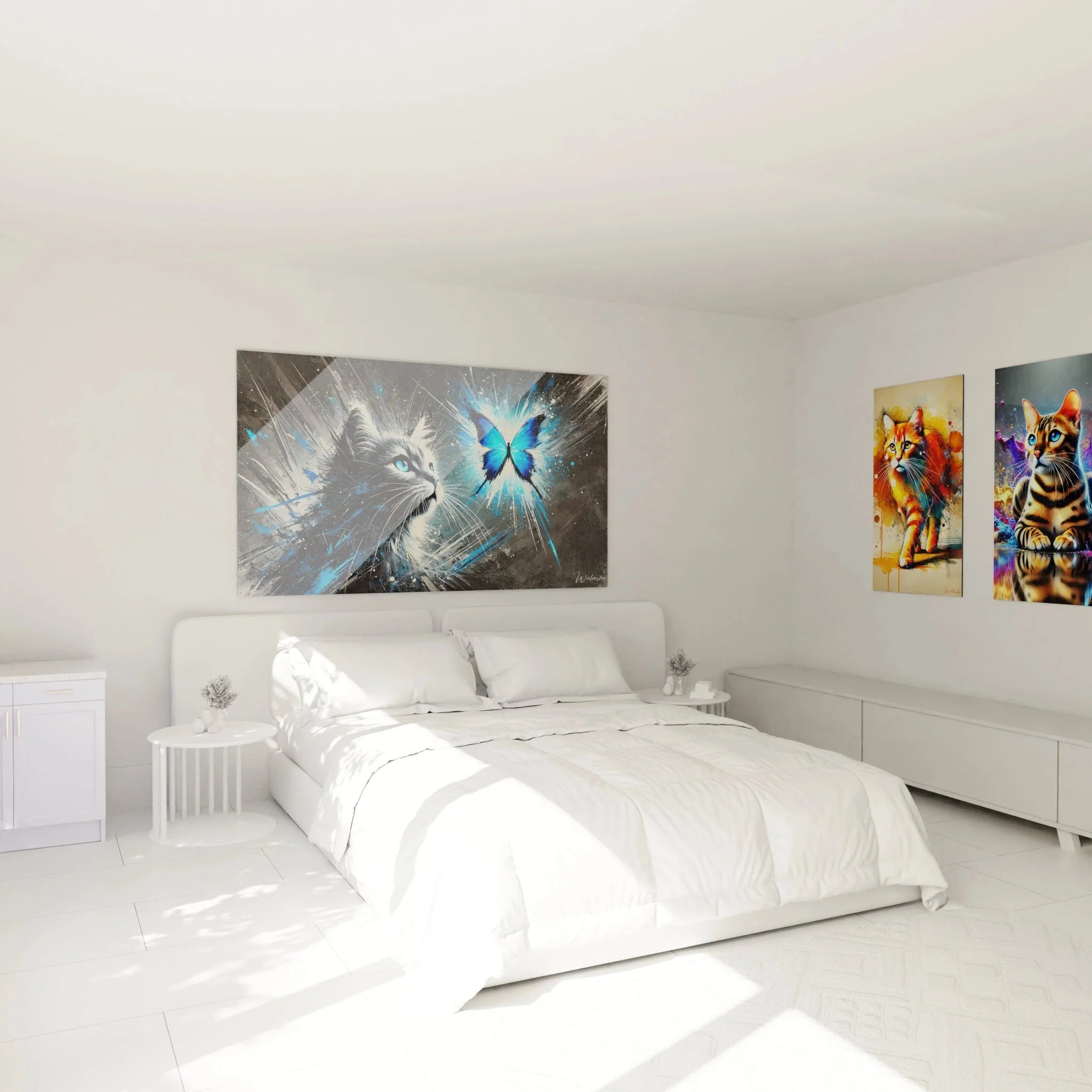 Katze Wandbild im Schlafzimmer - Blaue mystische Katzenkunst als moderne Wanddekoration