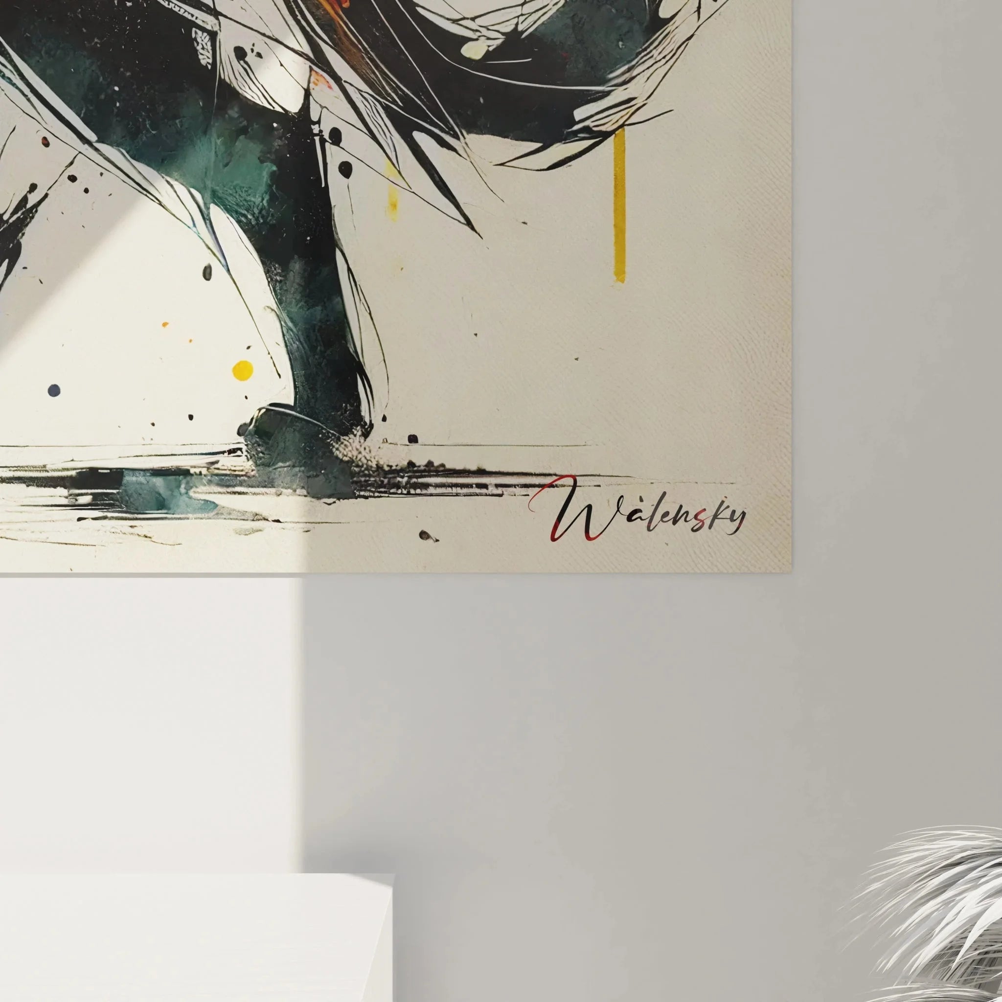 Gesamtansicht expressives Katzen Leinwandbild mit warmer Farbpalette und künstlerischen Details