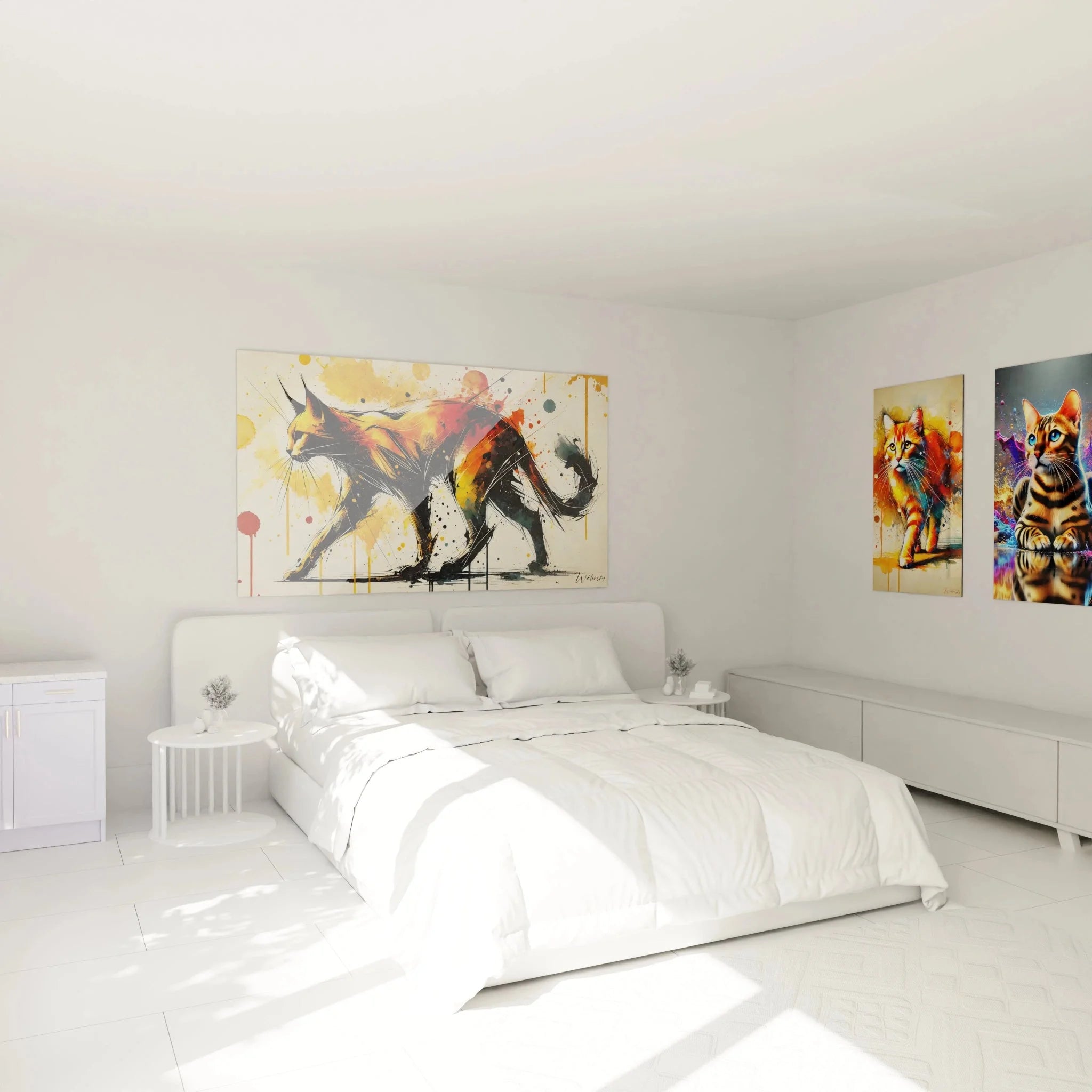 Modernes Katzen Wandbild abstrakt als stilvolle Wanddekoration im Schlafzimmer Ambiente