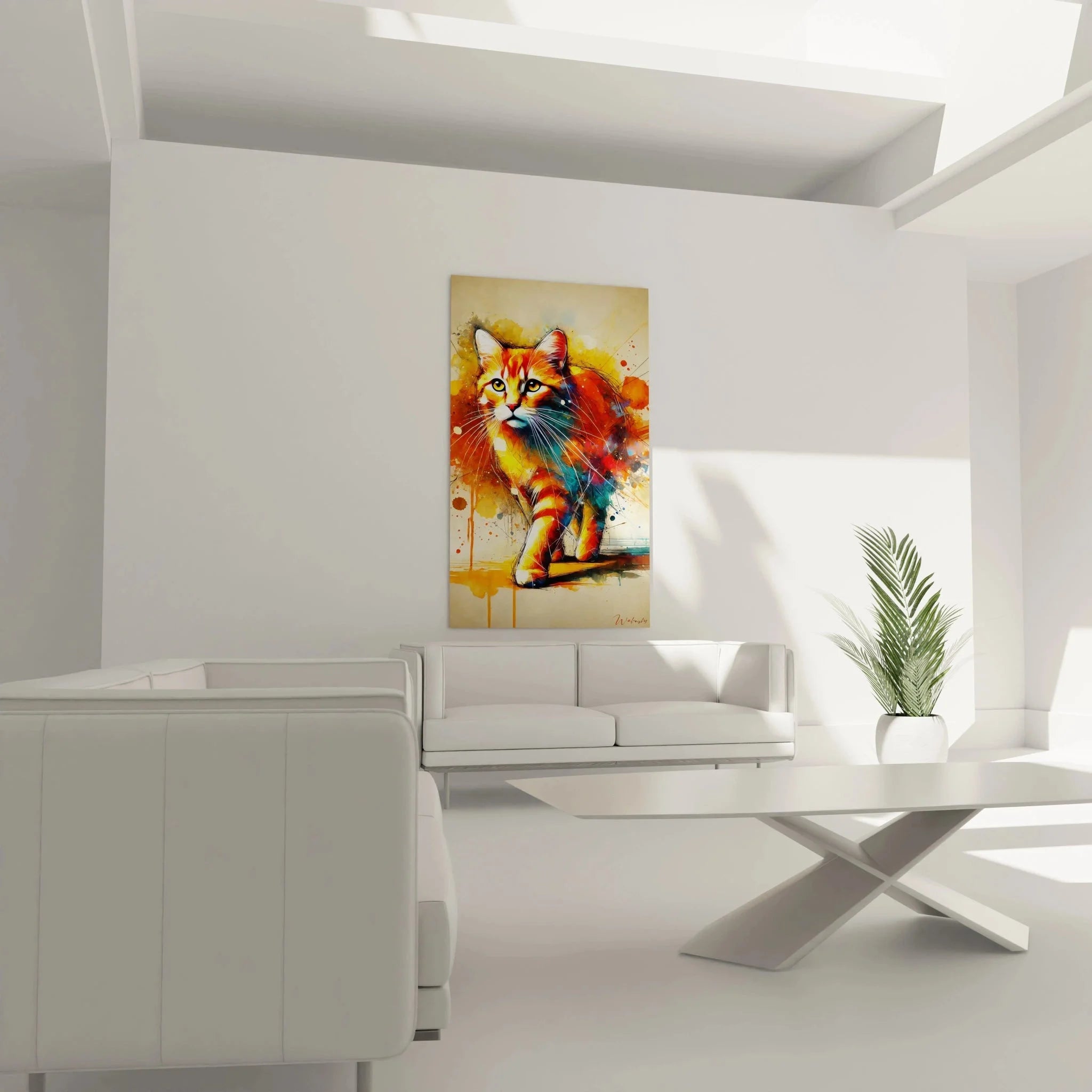 Detailansicht Katzen Wandbild mit ausdrucksstarken gelben Augen und Aquarell-Technik