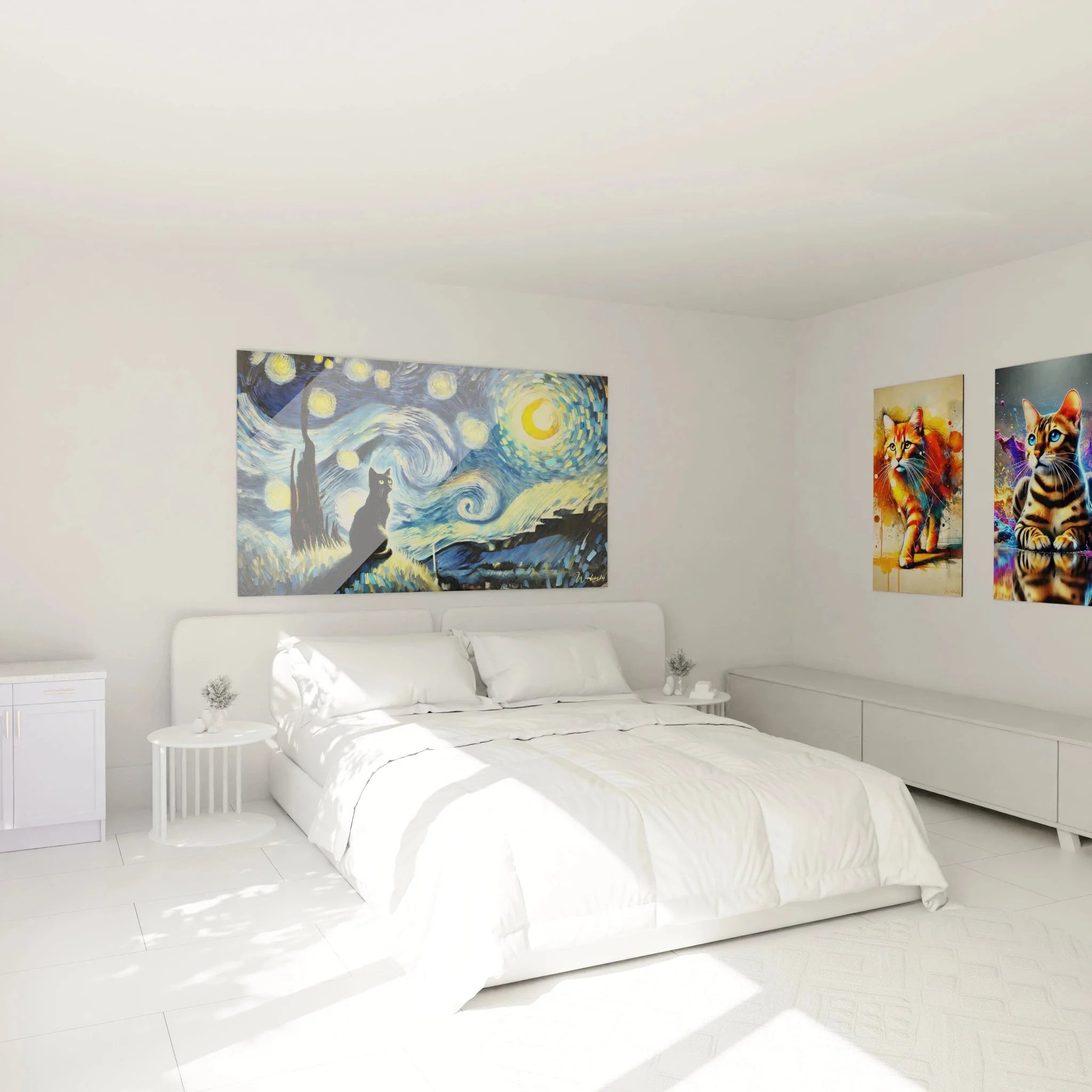 Katzen Wandbild Sternennacht in modernem Schlafzimmer als stilvolle Wanddekoration