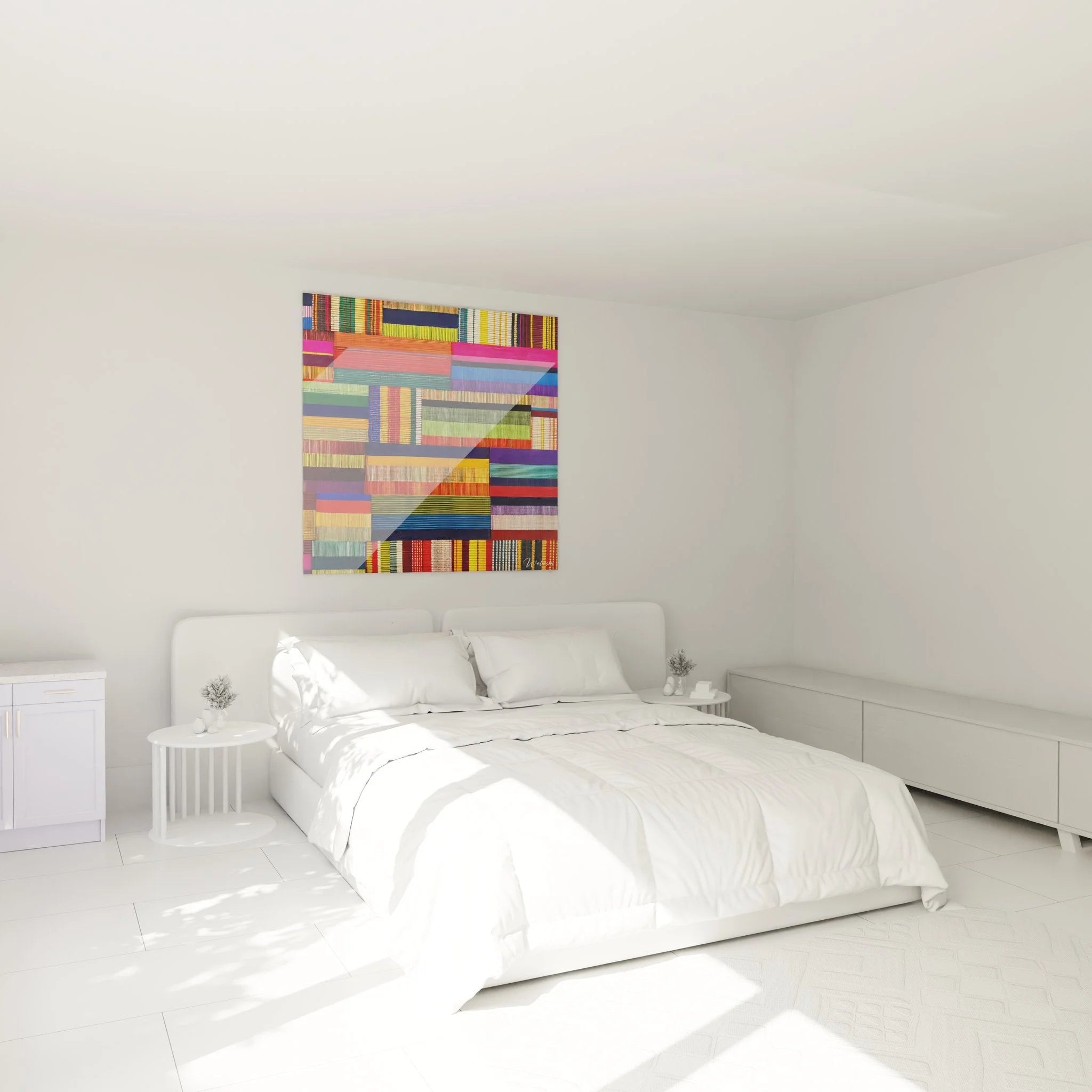 Kente Wandbild XXL in modernem Schlafzimmer mit afrikanischen Textilmustern als Wanddekoration