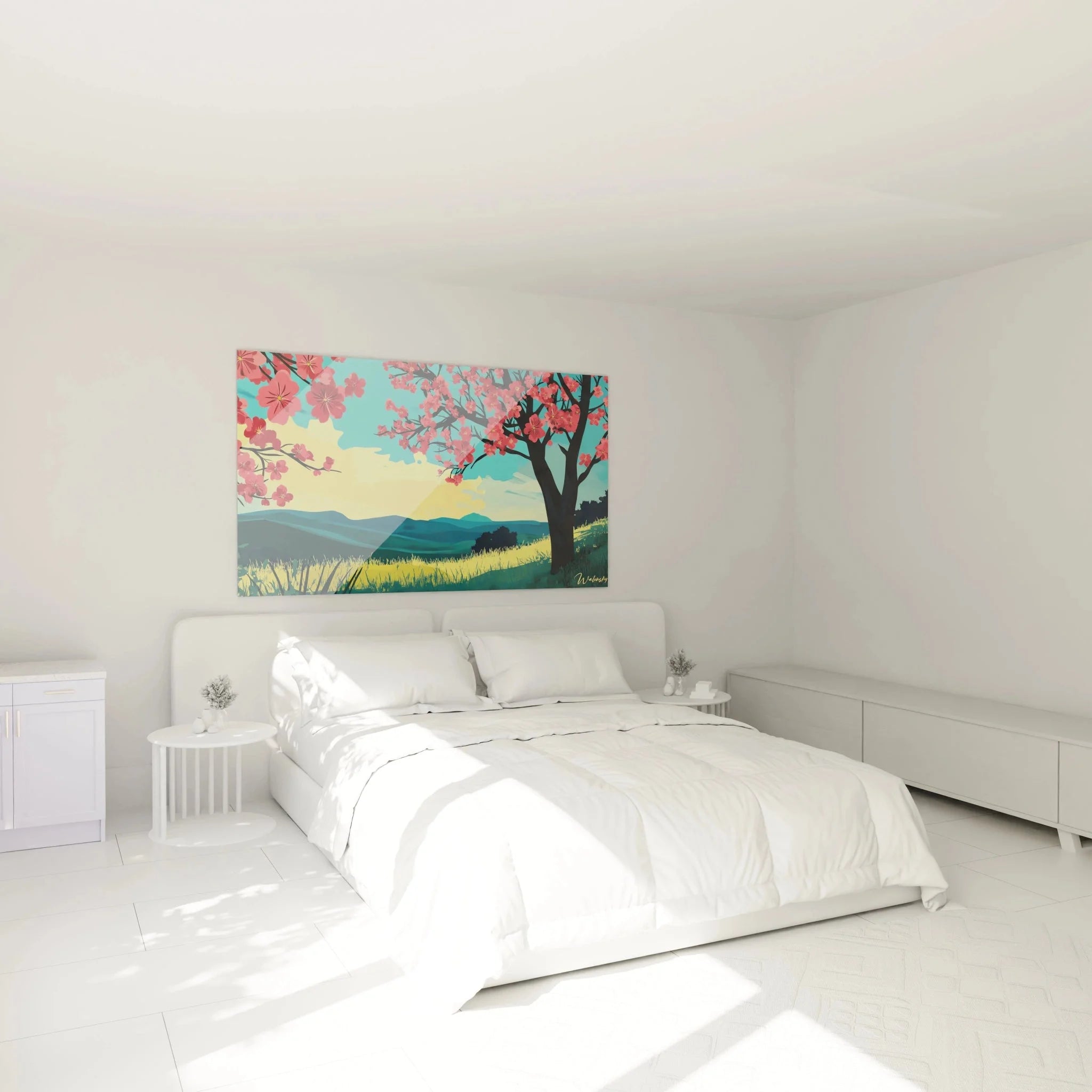 Kirschblüten Wandbild in modernem Schlafzimmer als stilvolle Wanddekoration