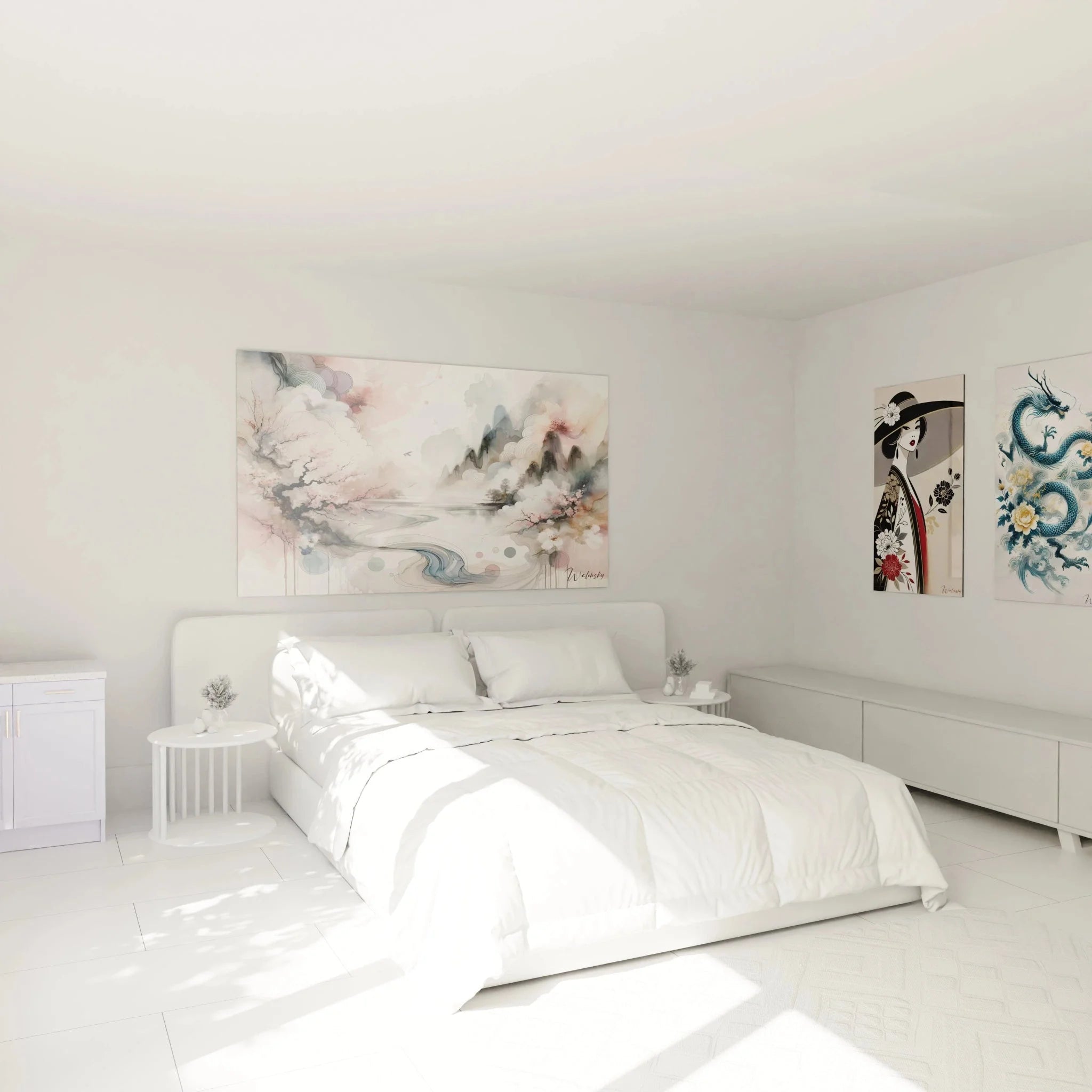 Japanisches Wandbild Kirschblüten in Schlafzimmer Ambiente - Zen Landschaft Wanddekoration