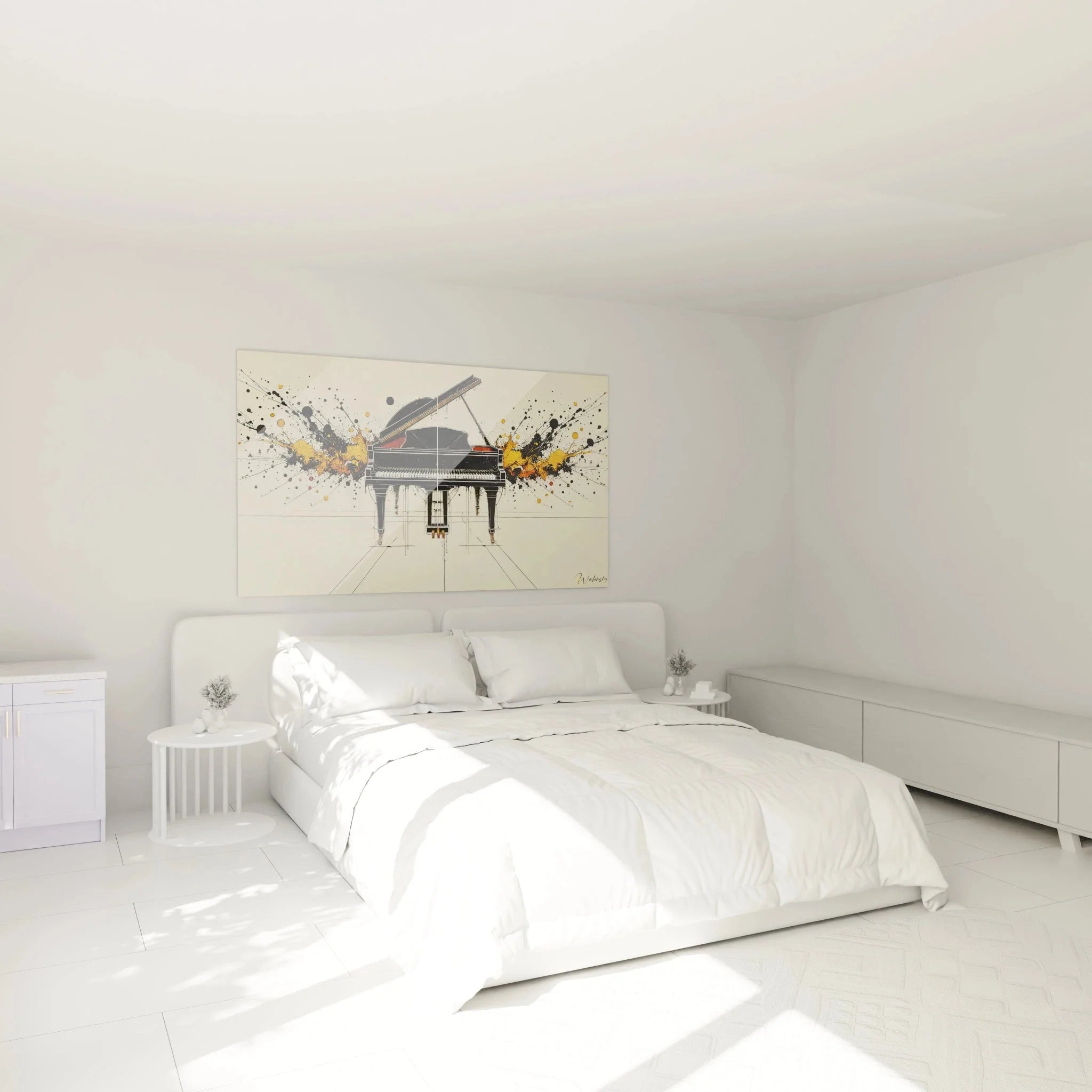 Klavier Wandbild XXL in modernem Schlafzimmer - Abstrakte Musikdekoration Wohnambiente