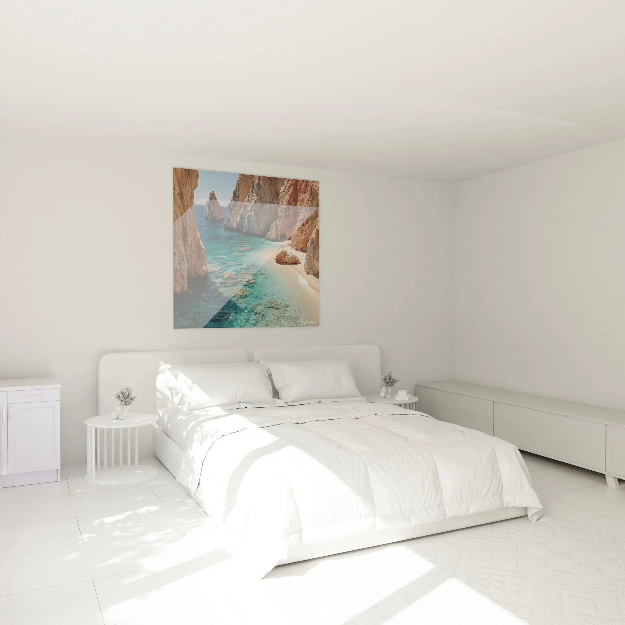 Mediteranes Klippenbucht Wandbild in modernem Schlafzimmer über dem Bett als Wanddekoration