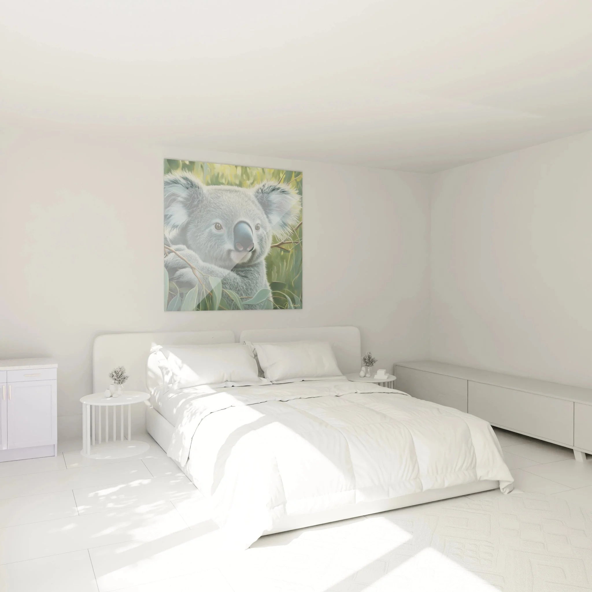 Koala Wandbild im Schlafzimmer - Eucalyptus Kunstdruck als beruhigende Wanddekoration