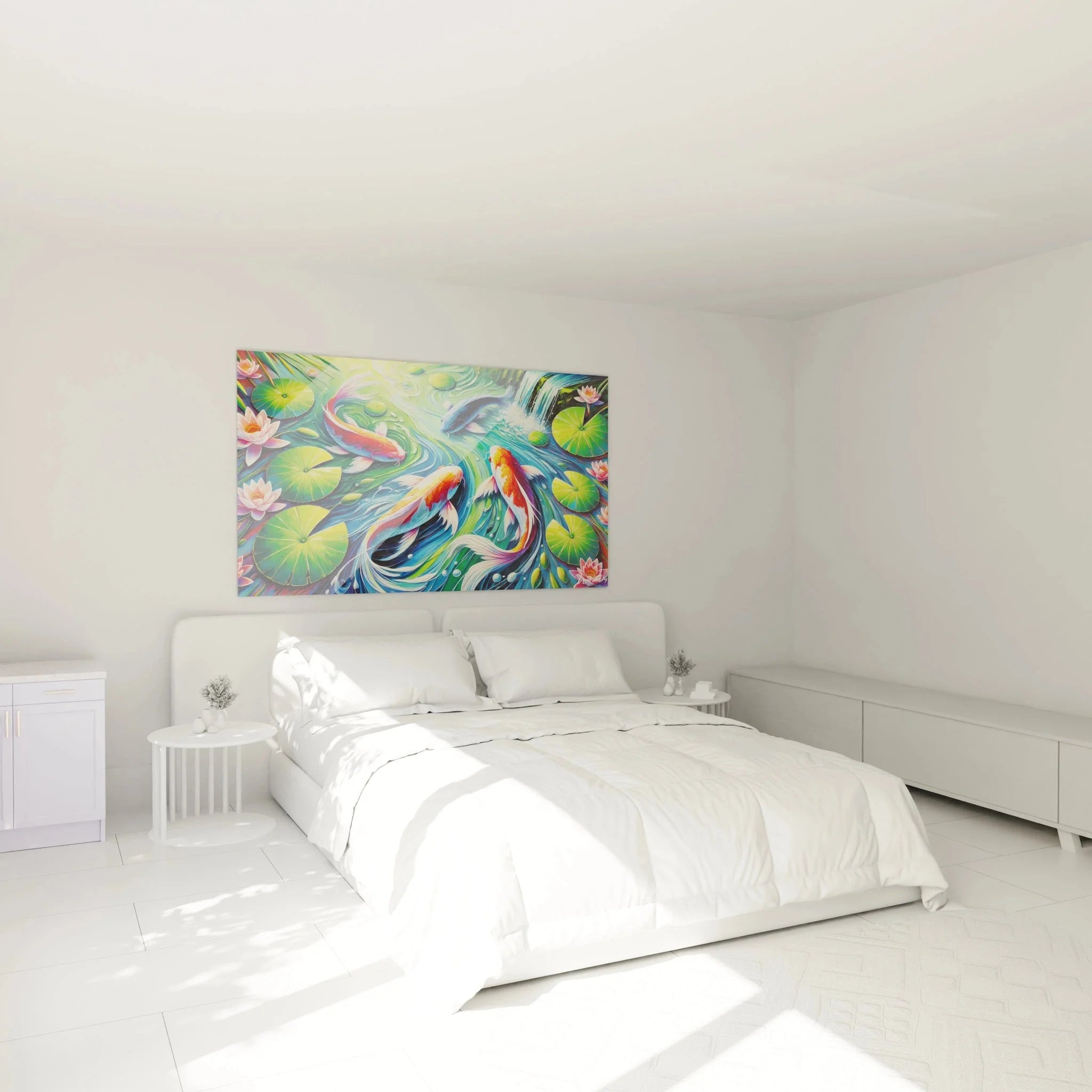 Koi Karpfen Wandbild XXL über Bett im Schlafzimmer, Fauvismus Kunst als elegante Raumdekoration mit Lotusblüten