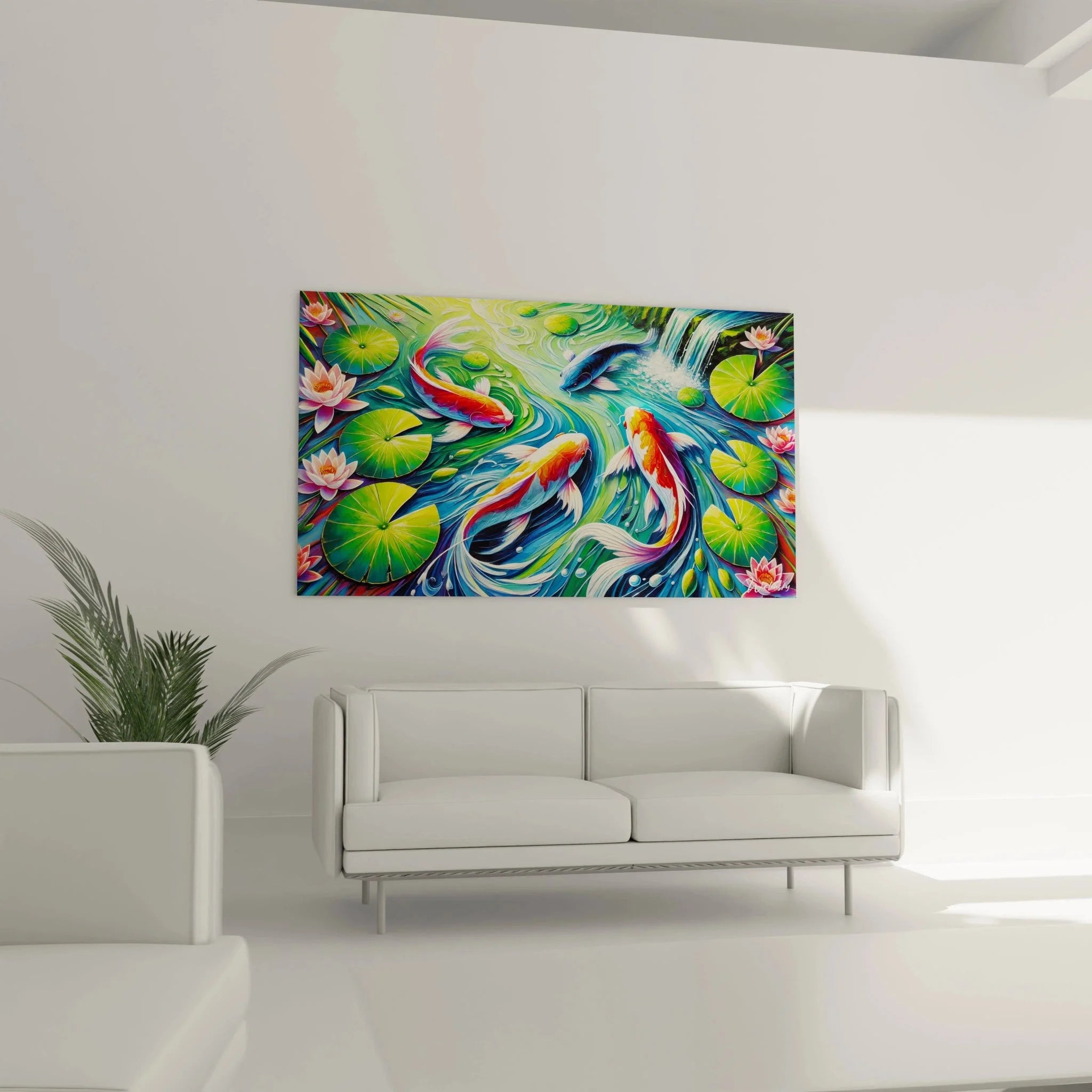 Detailansicht Wandbild Koi Fische mit expressiven Pinselstrichen, leuchtende Farben der Fauvismus Kunstrichtung