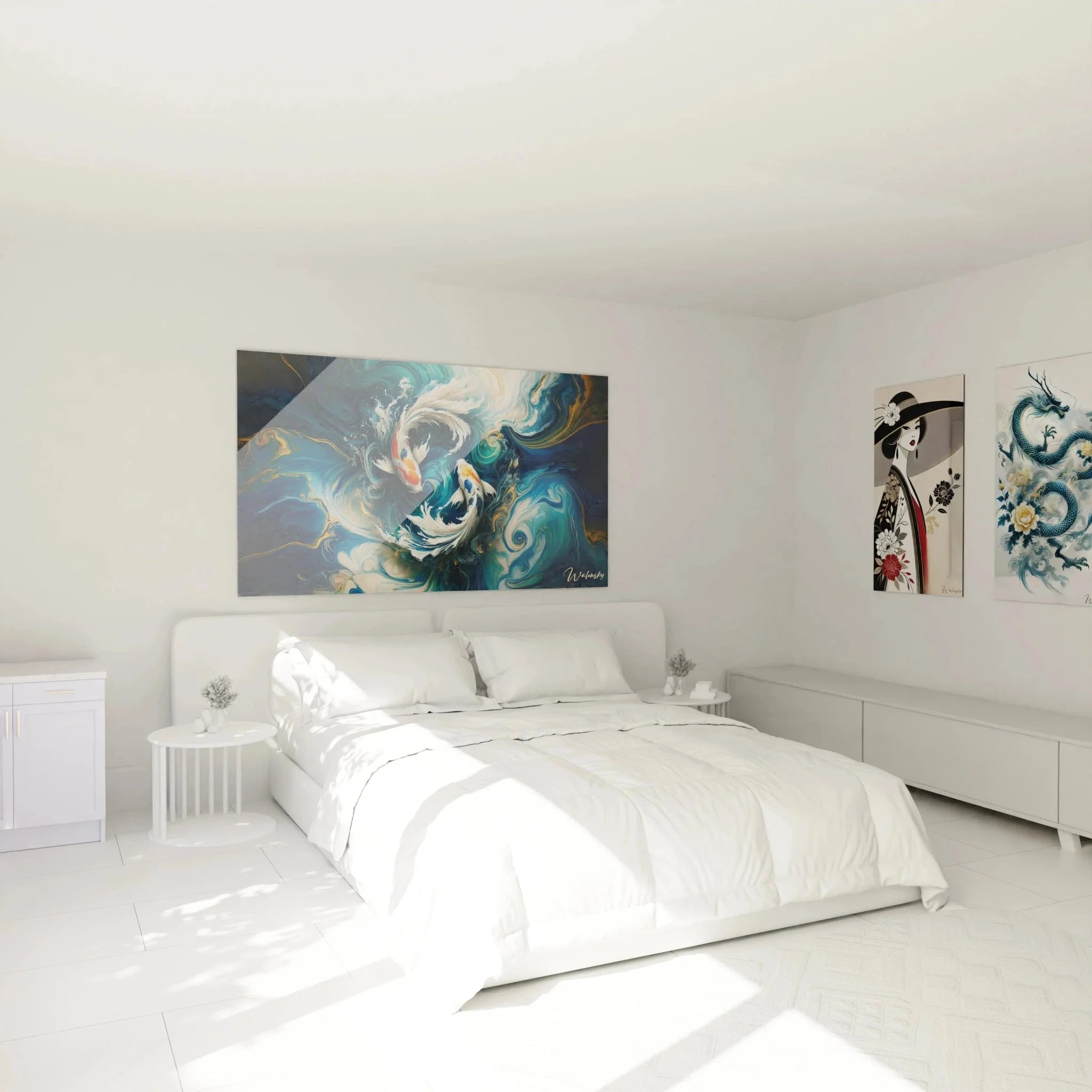 Koi Karpfen Wandbild im Schlafzimmer - Beruhigende asiatische Wanddekoration in Blau und Gold