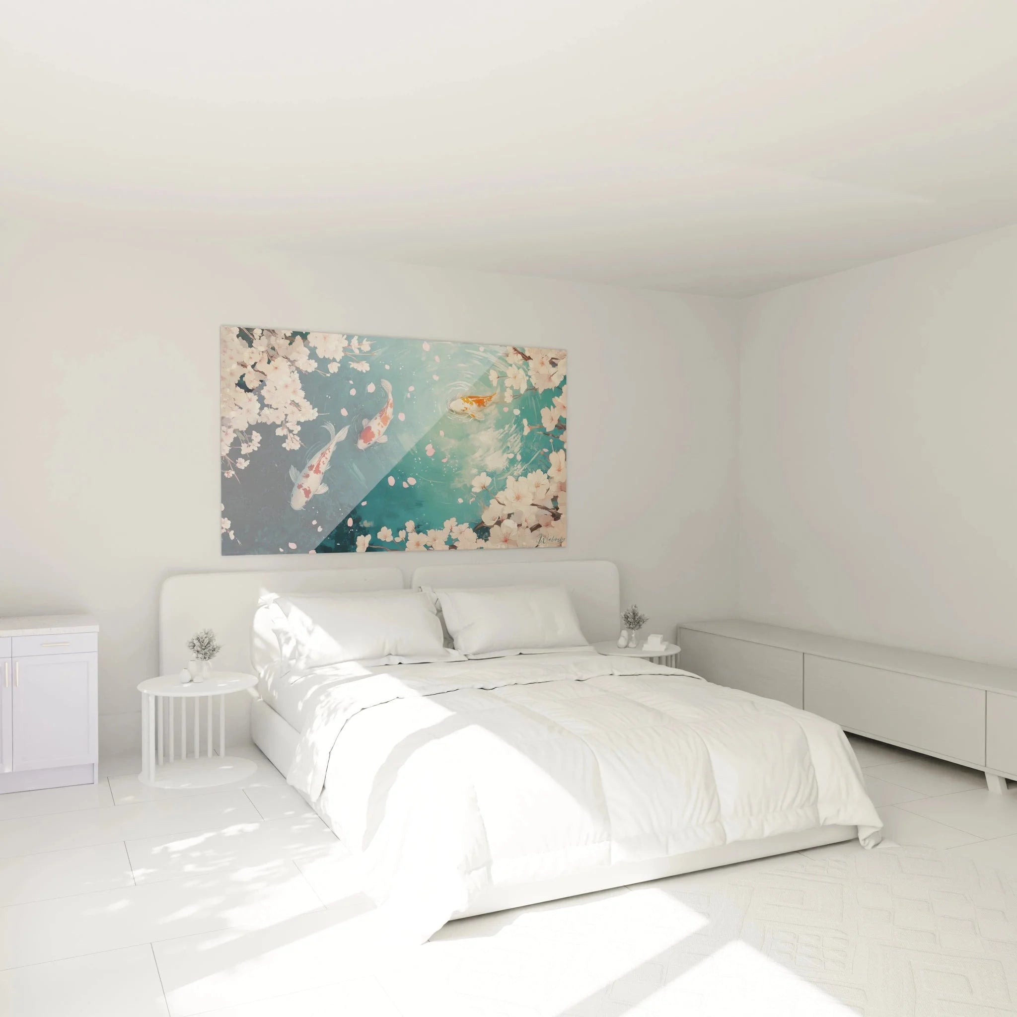 Koi Wandbild mit Kirschblüten als Schlafzimmer Dekoration - Japanische Wandkunst