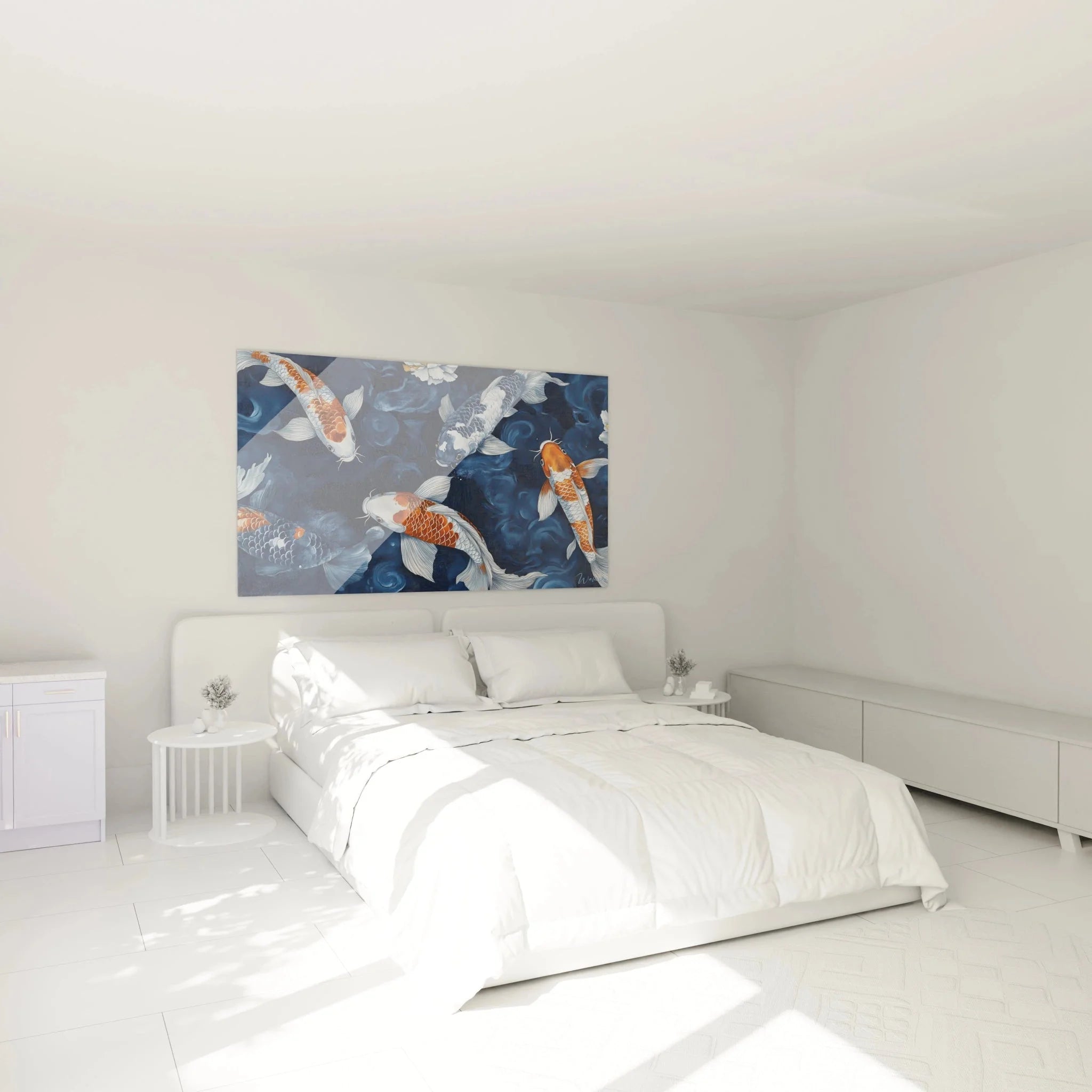Koi Karpfen Wandbild XXL in modernem Schlafzimmer - asiatische Wanddekoration in Blau-Orange-Nuancen