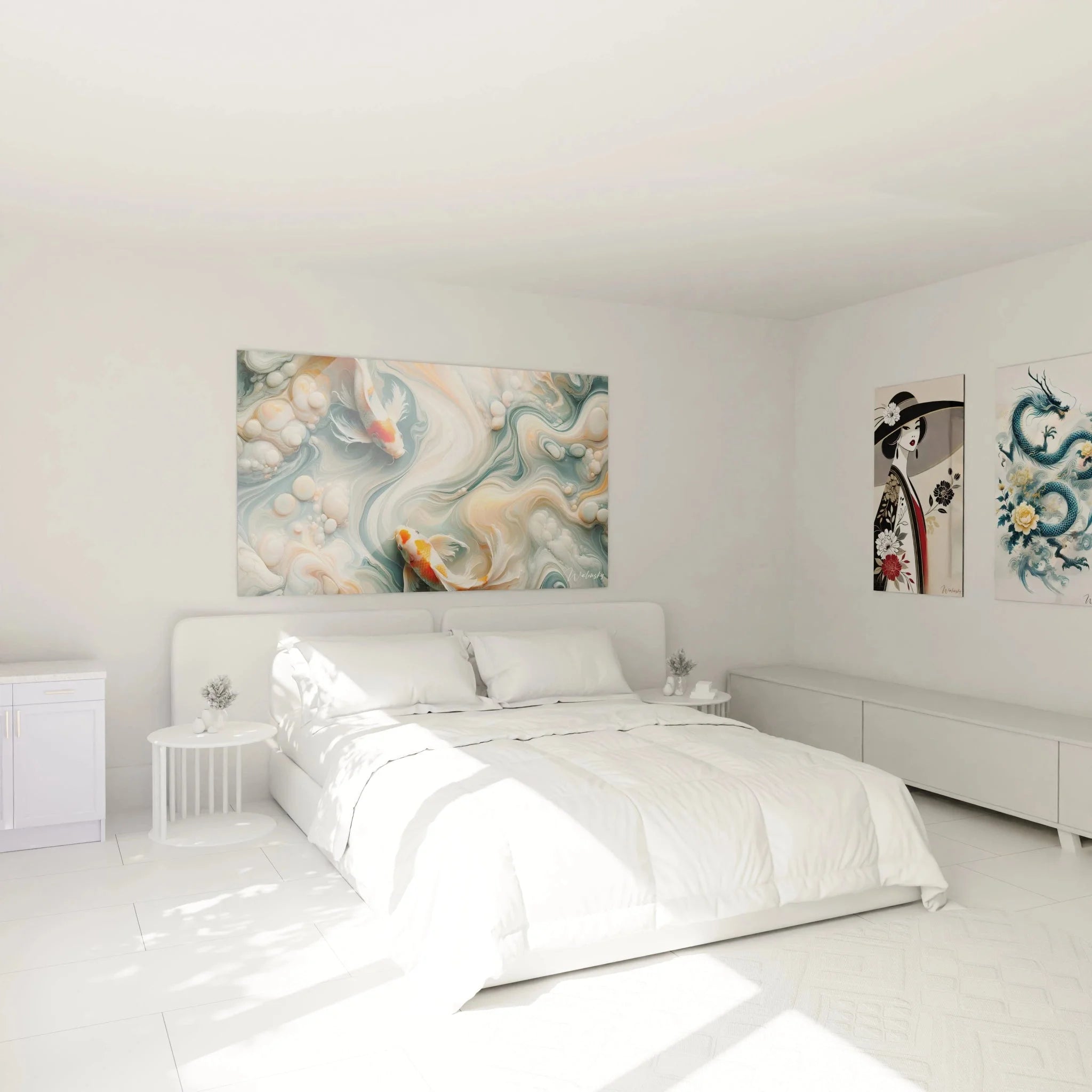 Koi Fische Wandbild XXL im Schlafzimmer - Beruhigende japanische Wanddekoration über dem Bett