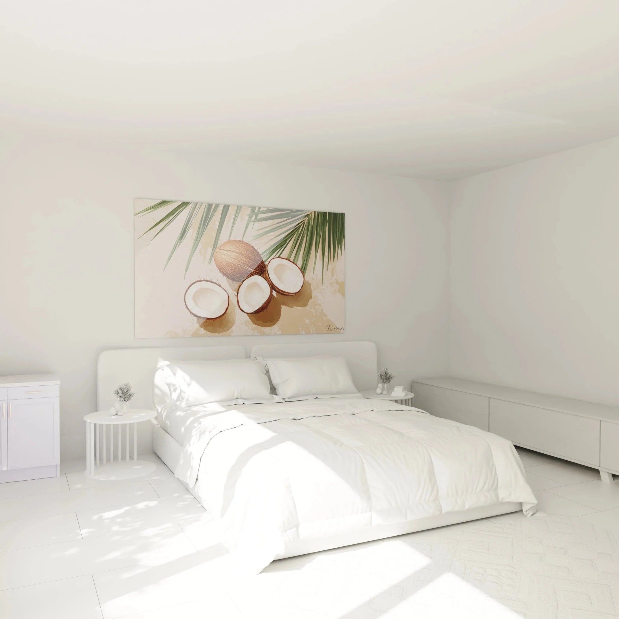 Kokosnuss Wandbild im Schlafzimmer - moderne tropische Dekoration mit Palmenblättern