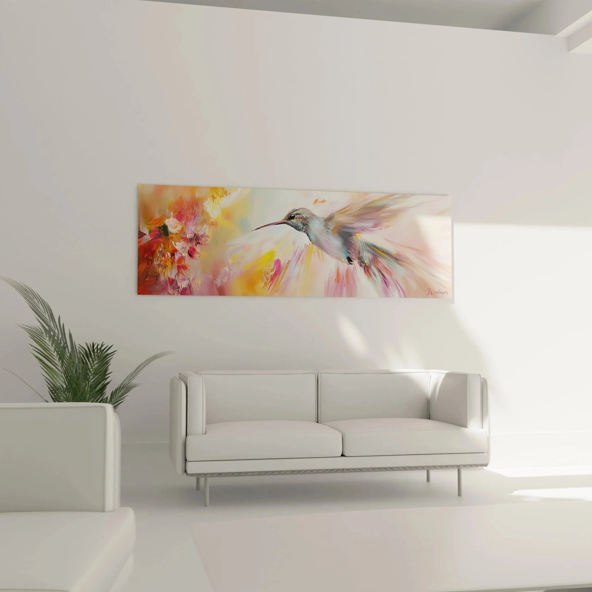 Detailaufnahme Kolibri Leinwandbild zeigt Pinselstriche und Farbübergänge der Blütendarstellung