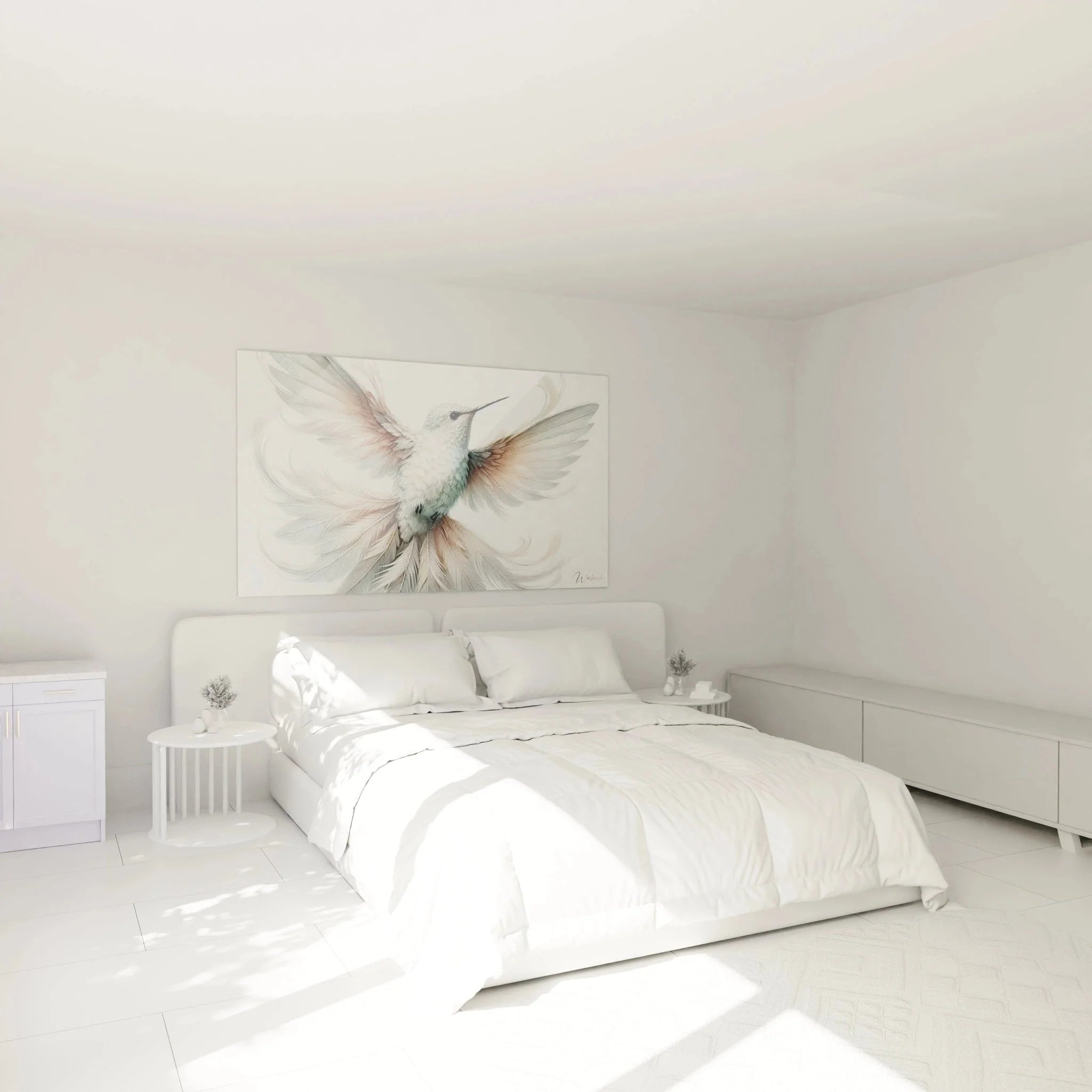 Kolibri Wandbild in modernem Schlafzimmer über dem Bett, sanfte Pastellfarben für entspannte Atmosphäre