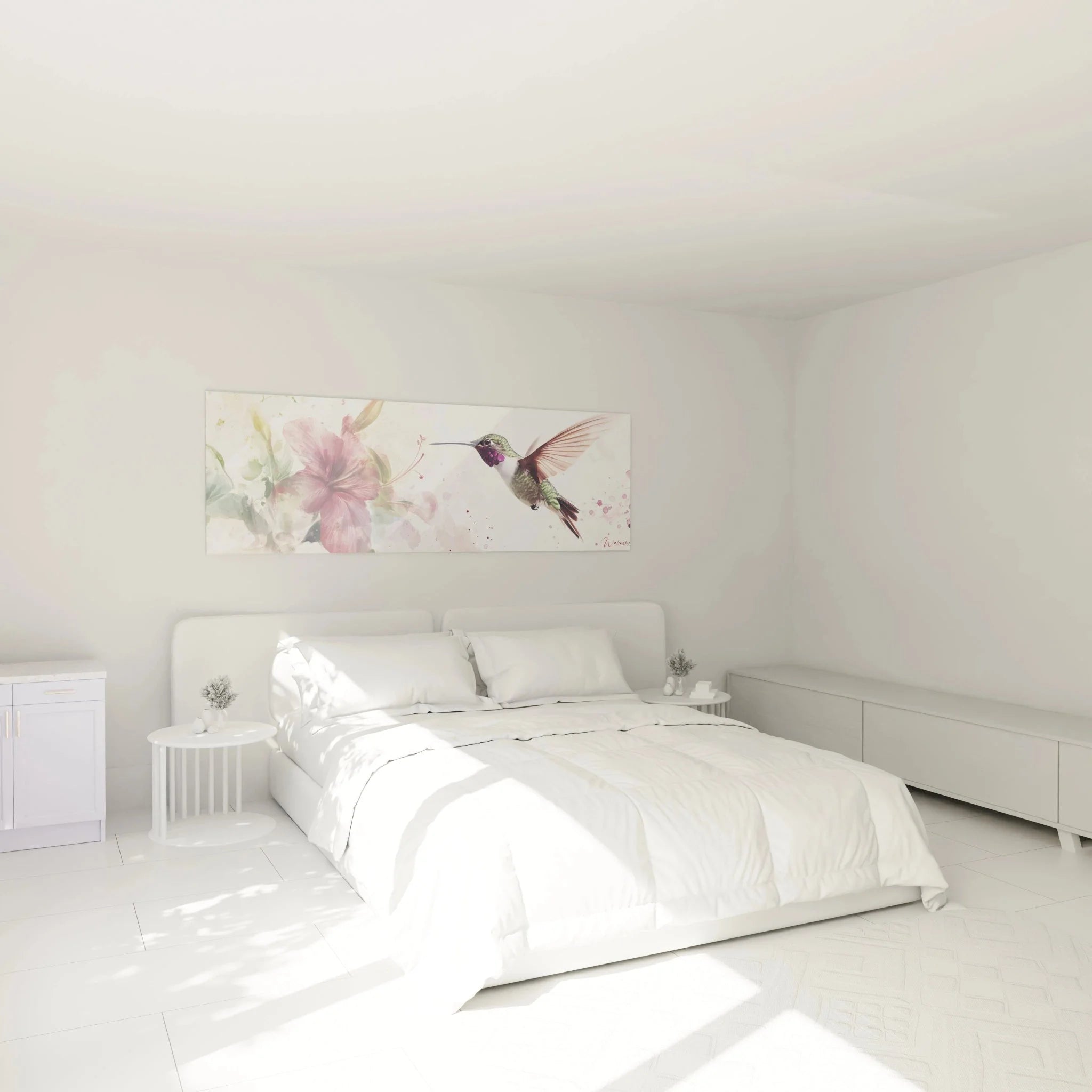 Kolibri Wandbild im Schlafzimmer, rosa Hibiskus Aquarell als elegante Wanddekoration