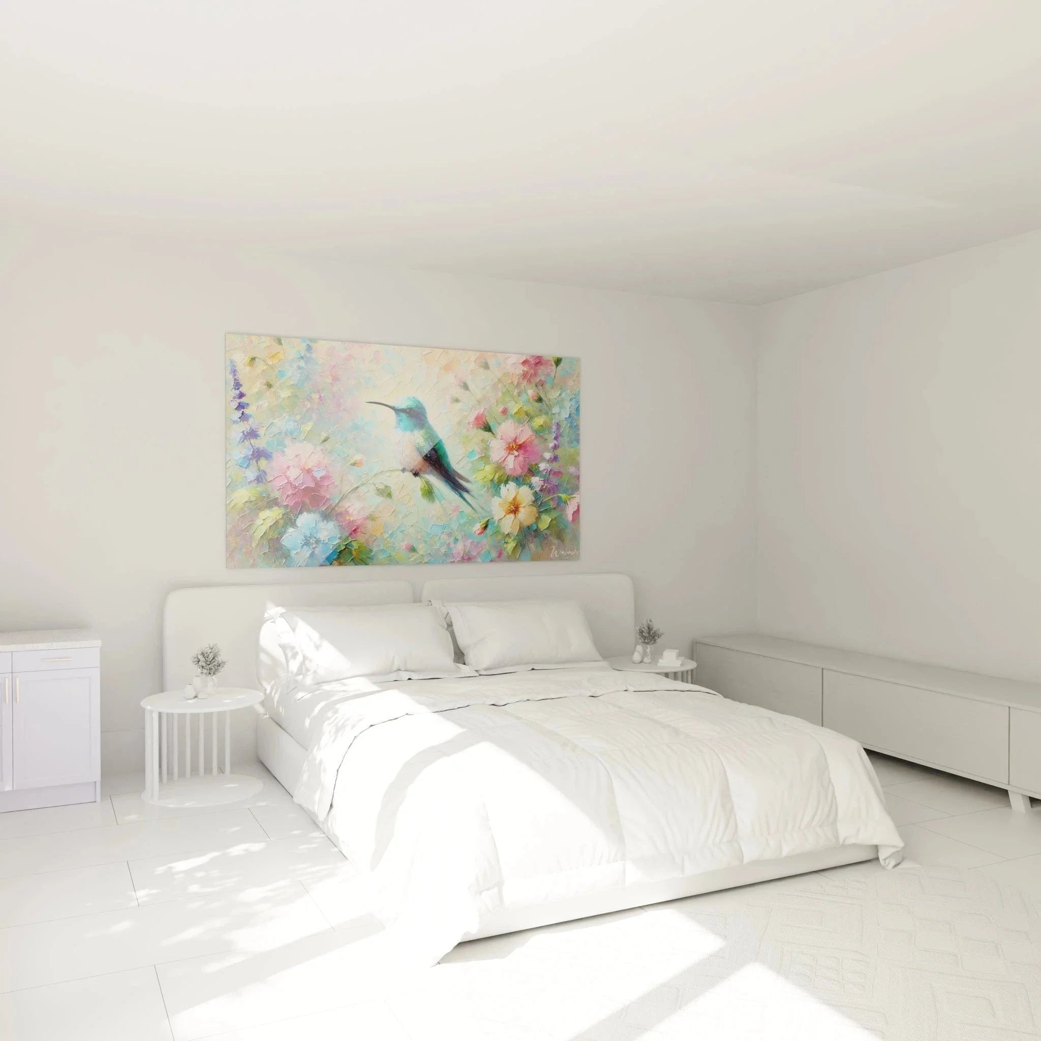 Kolibri Wandbild XXL in Schlafzimmer Ambiente mit impressionistischer Blütenpracht Dekoration